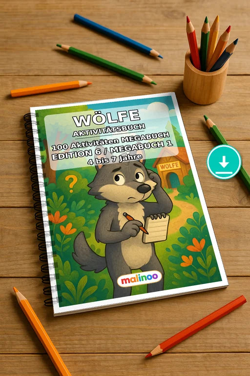 Wölfe Aktivitätsbuch 100 Rätsel- und Aktivitätsseiten PDF Download – Mockup-Ansicht