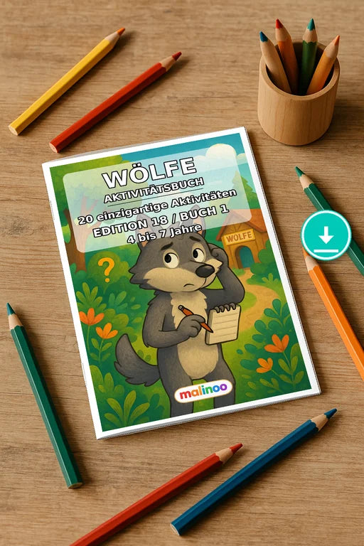 Wölfe Aktivitätsbuch 20 Rätsel- und Aktivitätsseiten PDF Download – Mockup-Ansicht