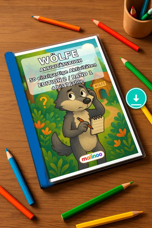 Wölfe Aktivitätsbuch 50 Rätsel- und Aktivitätsseiten PDF Download – Mockup-Ansicht
