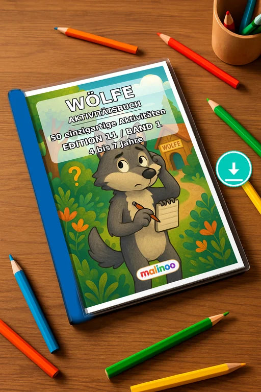 Wölfe Aktivitätsbuch 50 Rätsel- und Aktivitätsseiten PDF Download – Mockup-Ansicht