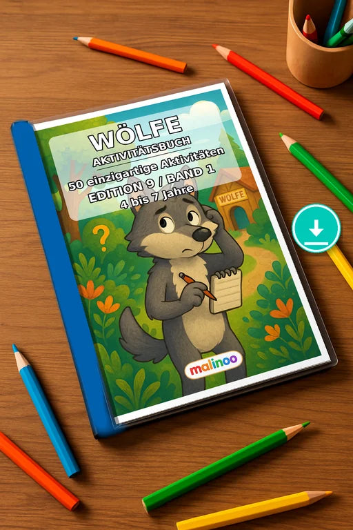 Wölfe Aktivitätsbuch 50 Rätsel- und Aktivitätsseiten PDF Download – Mockup-Ansicht