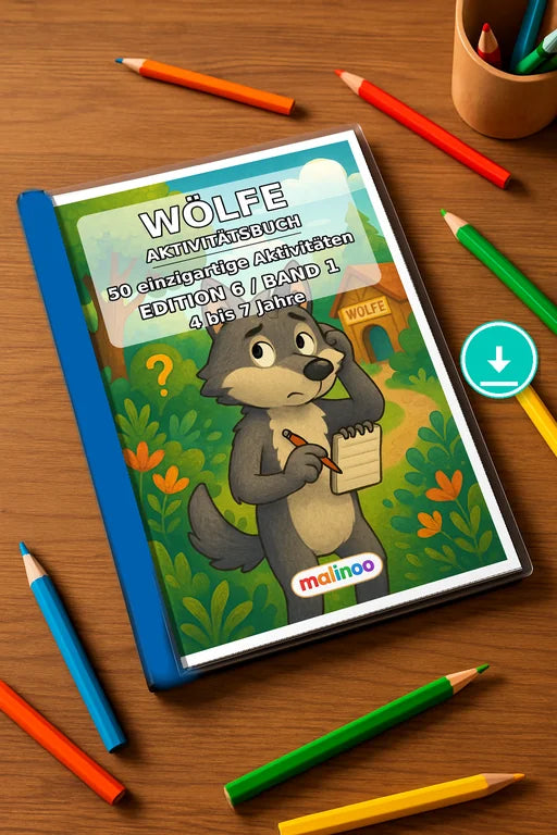 Wölfe Aktivitätsbuch 50 Rätsel- und Aktivitätsseiten PDF Download – Mockup-Ansicht