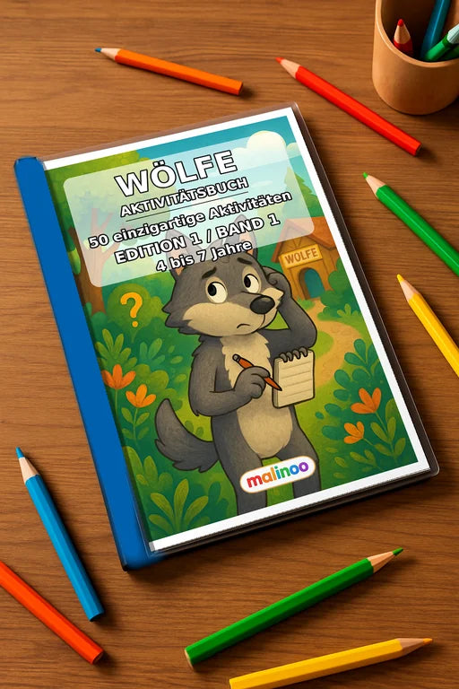 Wölfe Aktivitätsbuch 50 Rätsel- und Aktivitätsseiten gedruckt+gebunden – Mockup-Ansicht