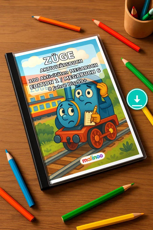 Züge Aktivitätsbuch 100 Rätsel- und Aktivitätsseiten PDF – Mockup-Ansicht
