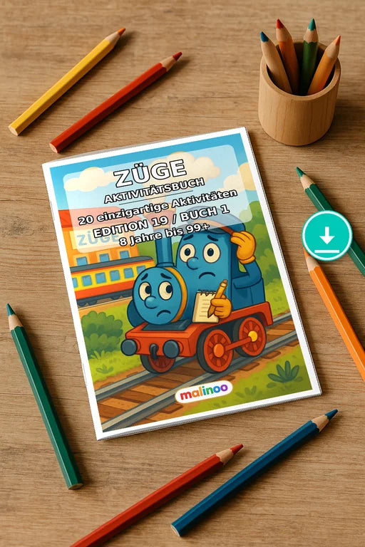Zugaktivitäten Aktivitätsbuch 20 Rätsel- und Aktivitätsseiten PDF Down – Mockup-Ansicht