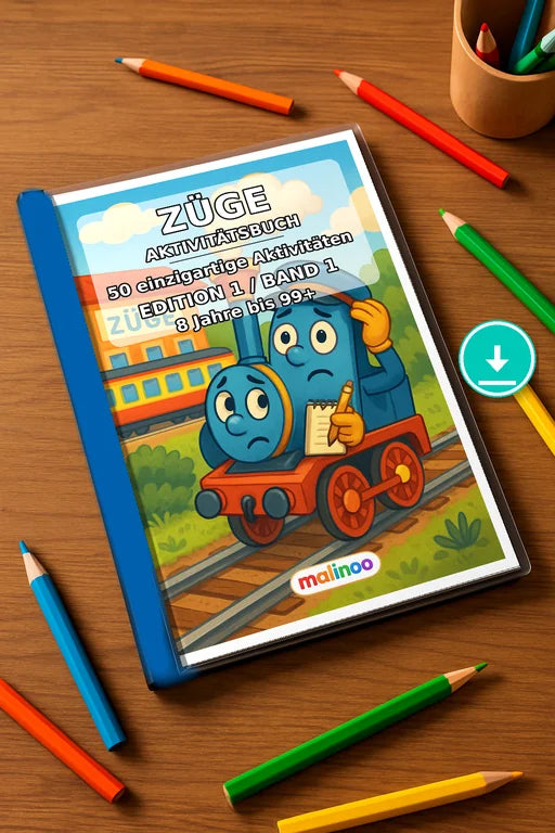 Zugaktivitäten Aktivitätsbuch 50 Rätsel- und Aktivitätsseiten PDF Down – Mockup-Ansicht