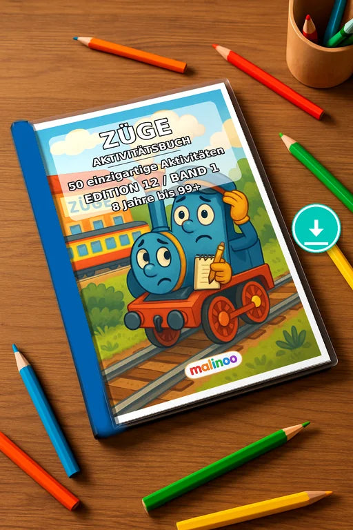 Zugaktivitäten Aktivitätsbuch 50 Rätsel- und Aktivitätsseiten PDF Down – Mockup-Ansicht