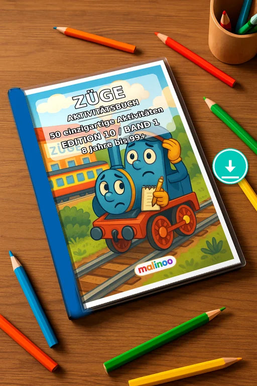 Zugaktivitäten Aktivitätsbuch 50 Rätsel- und Aktivitätsseiten PDF Down – Mockup-Ansicht