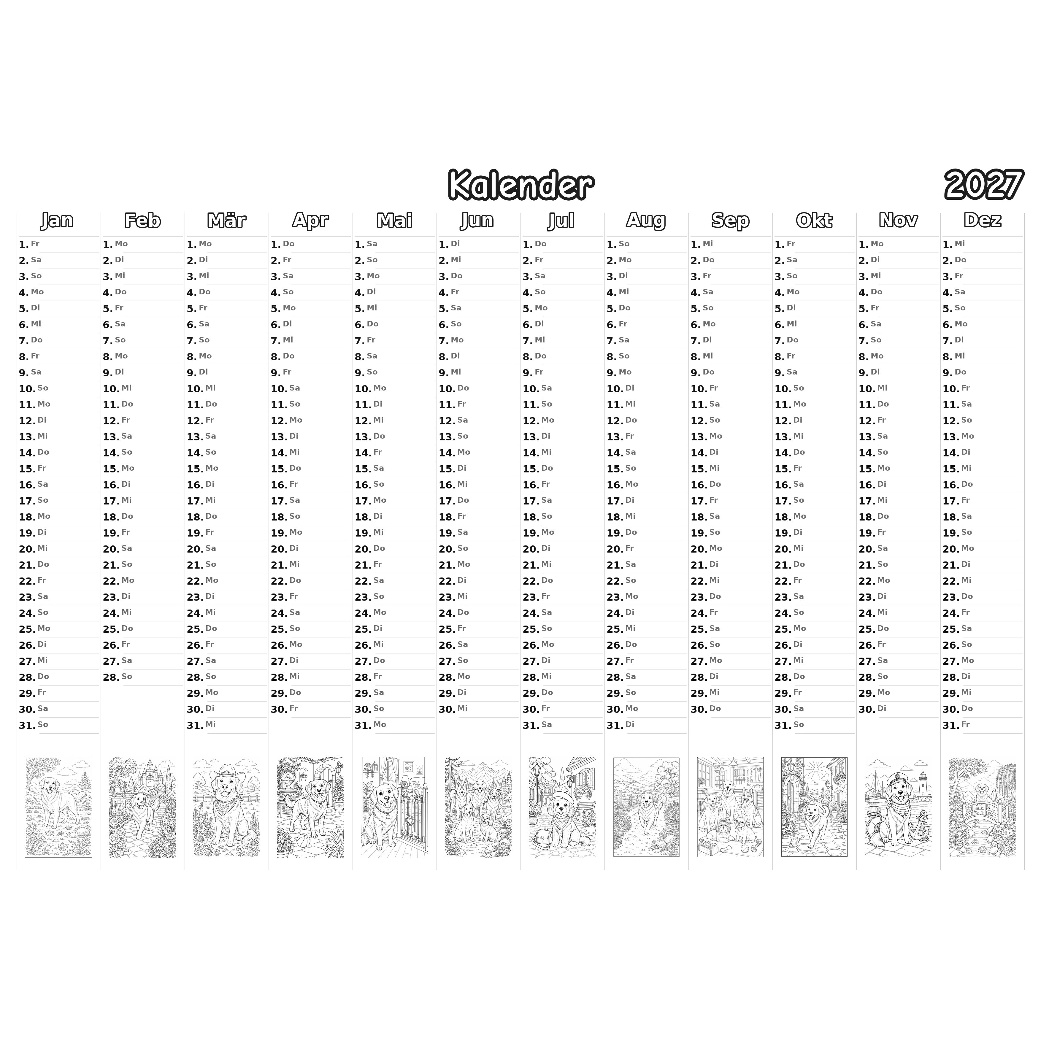 dogs Kalender 2027 Ausmalen