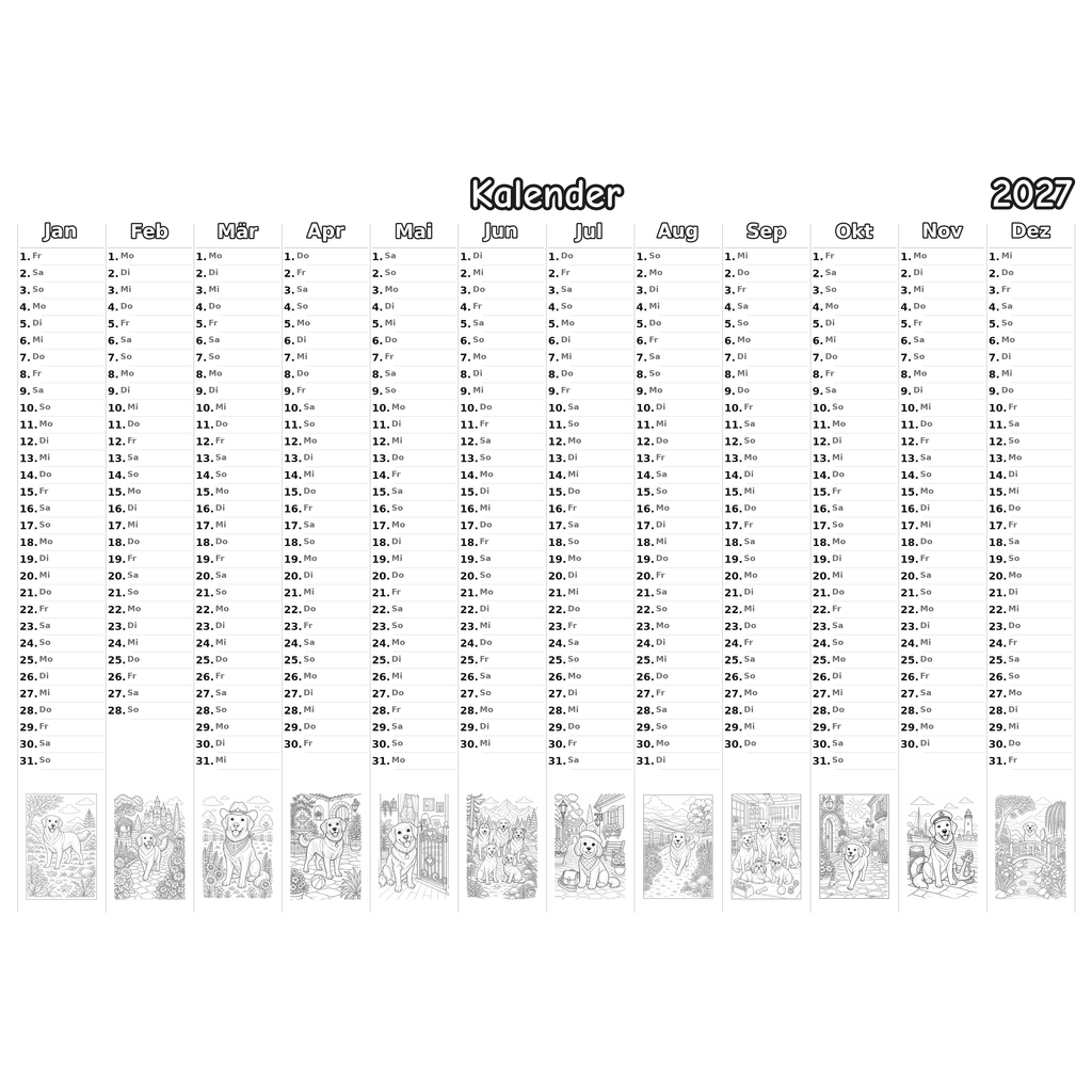 dogs Kalender 2027 Ausmalen