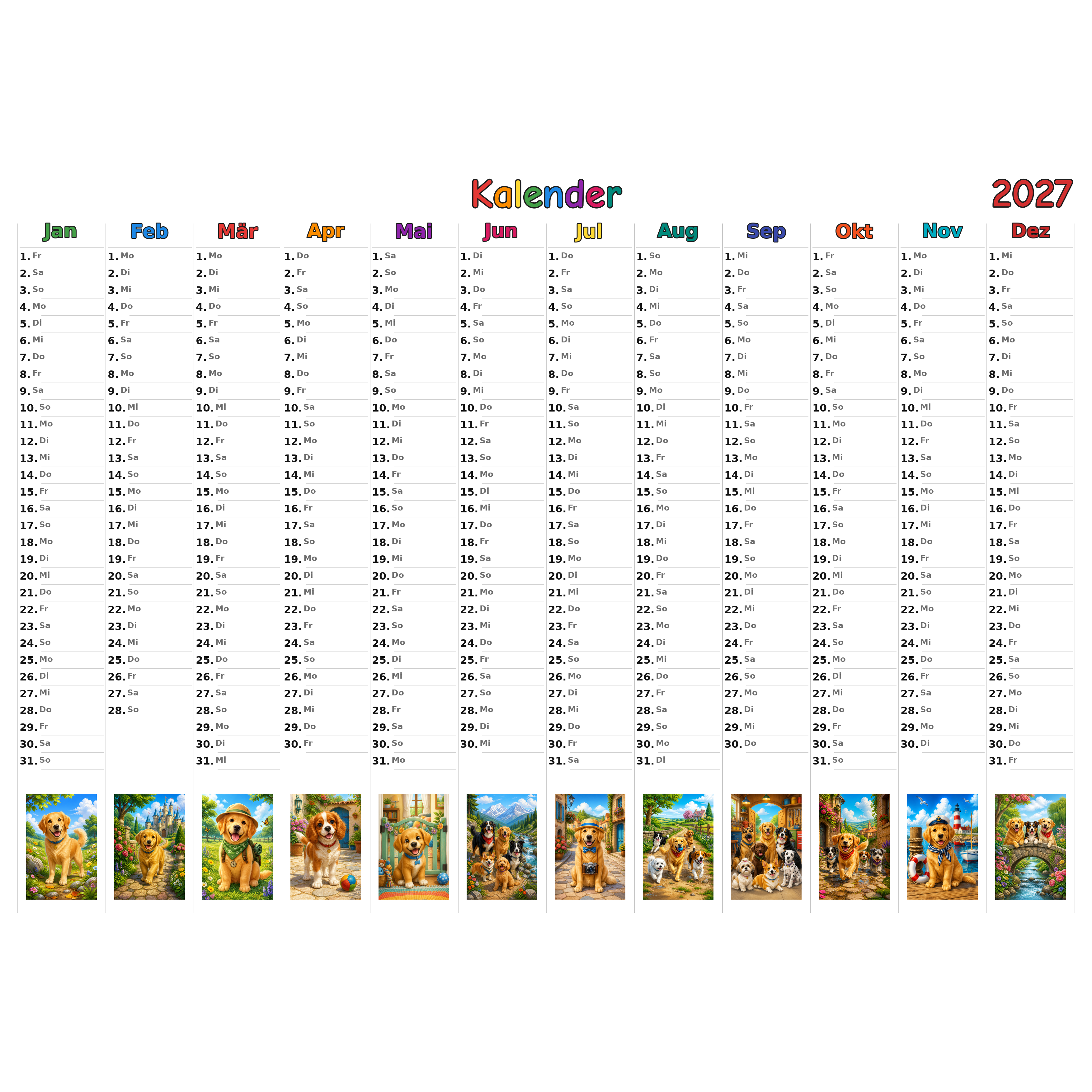 dogs Kalender 2027 ausgemalt