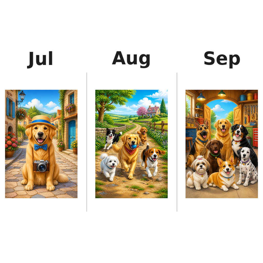 dogs Kalender 2027 Motive ausgemalt 3