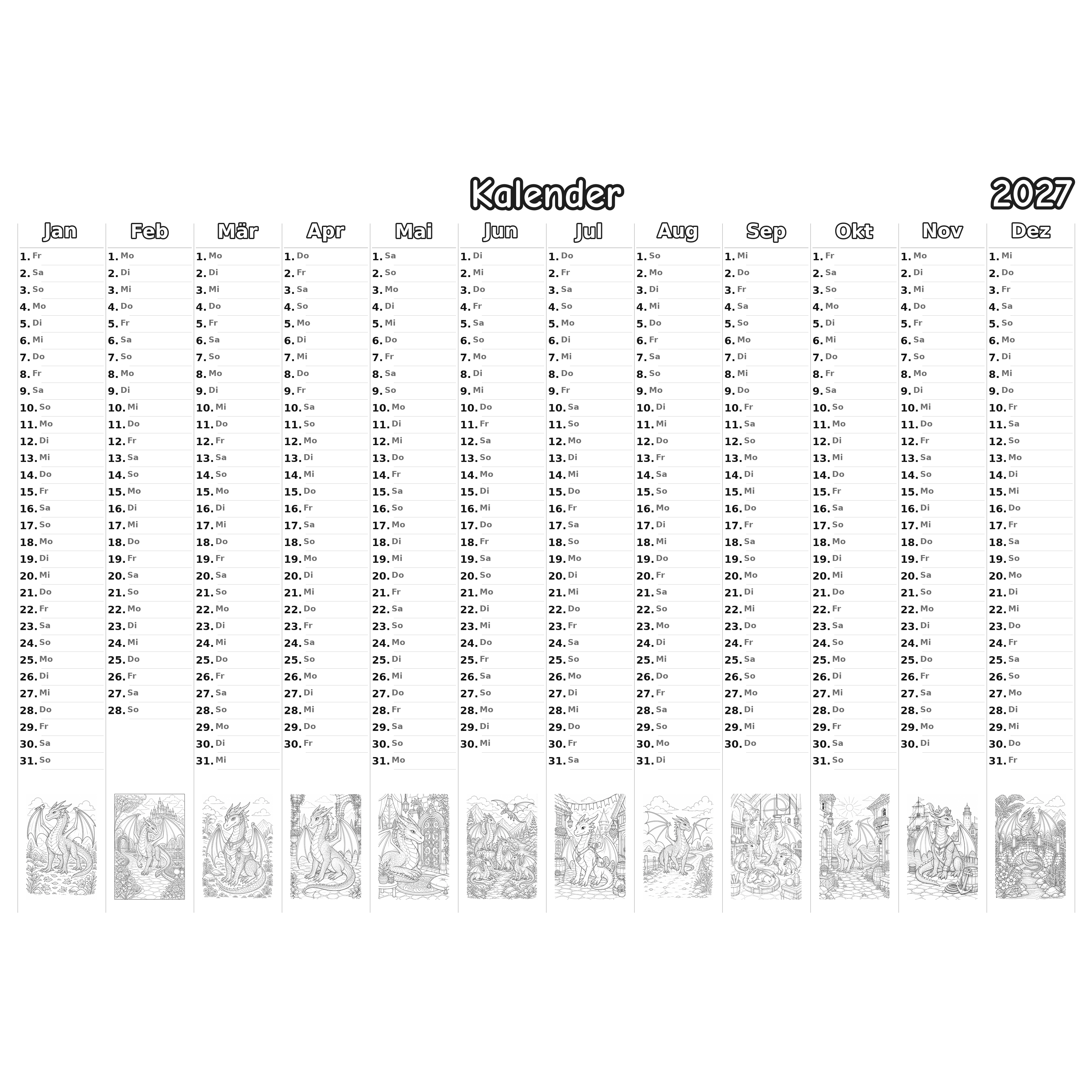dragons Kalender 2027 Ausmalen