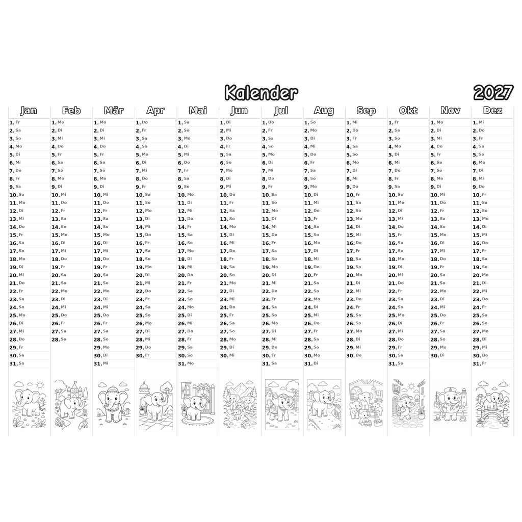 elephants_low Kalender 2027 Ausmalen