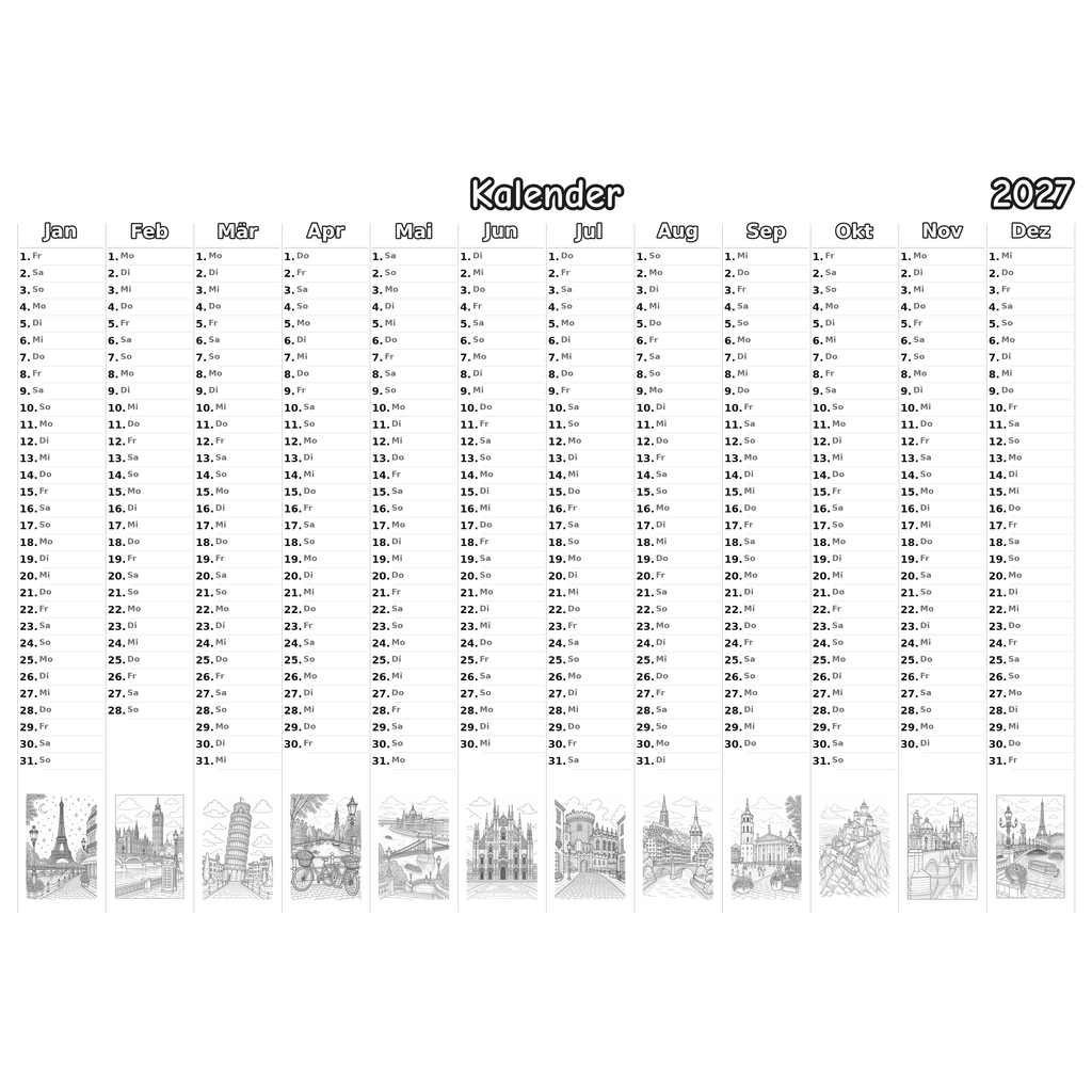 europa Kalender 2027 Ausmalen