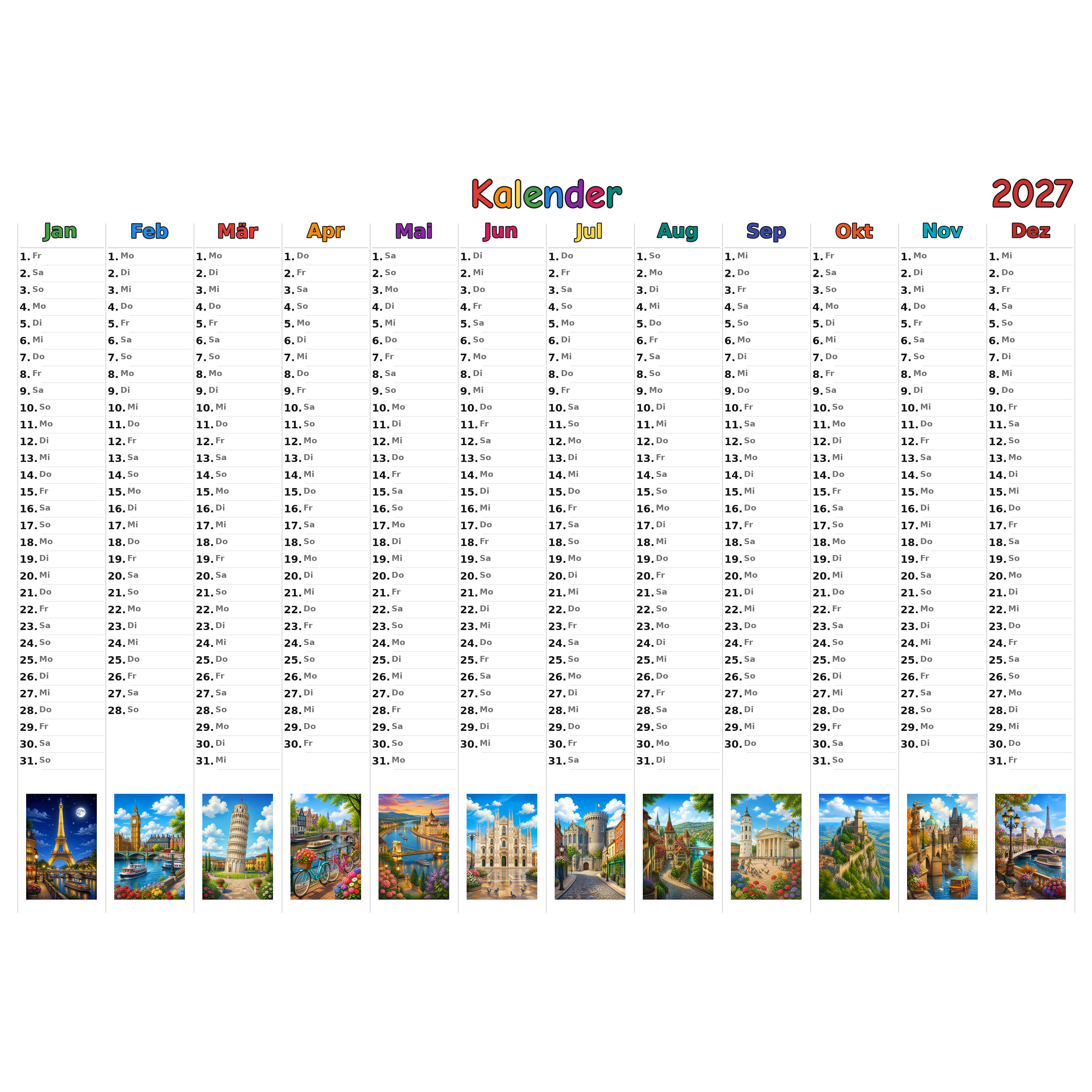 europa Kalender 2027 ausgemalt