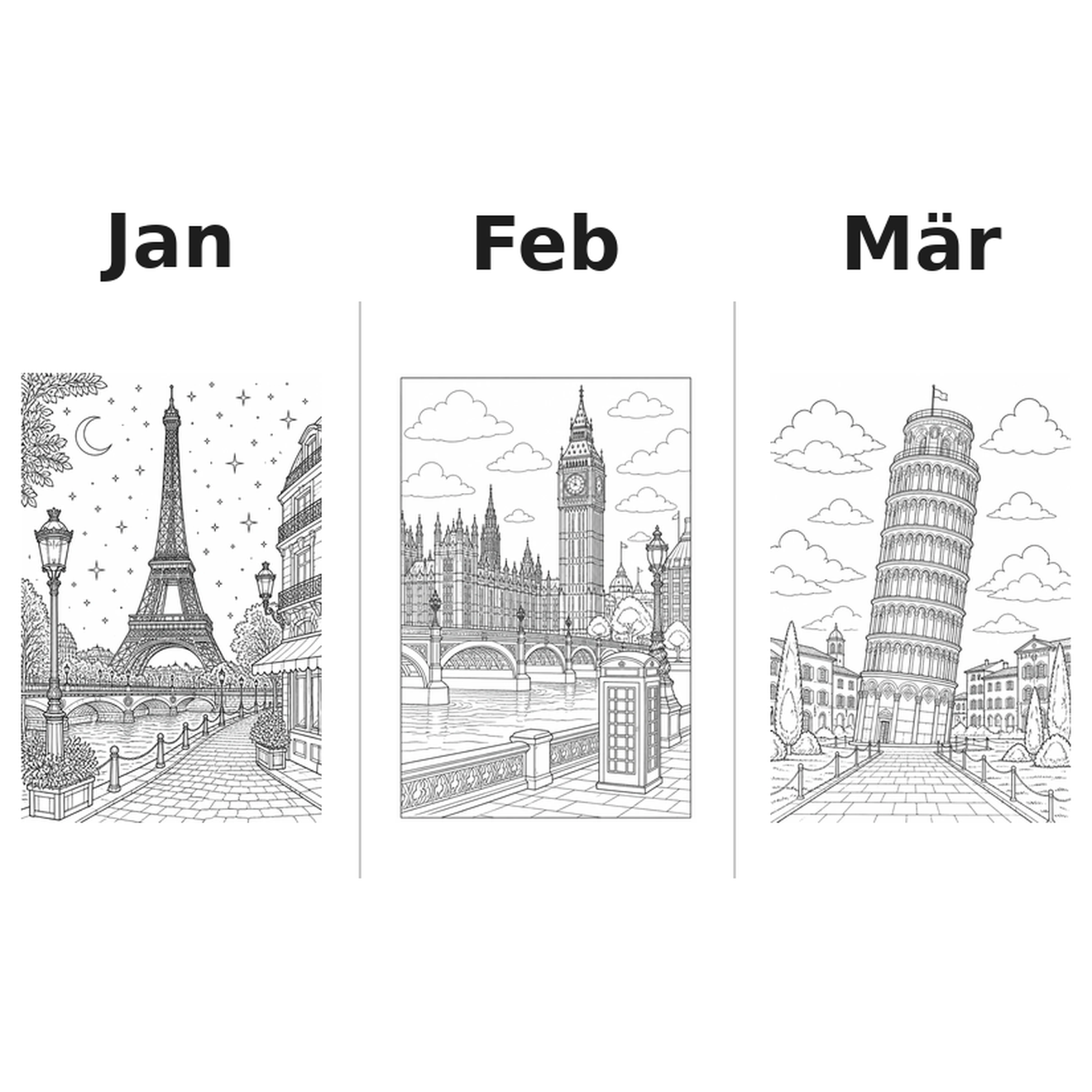 europa Kalender 2027 Motive Ausmalen 1