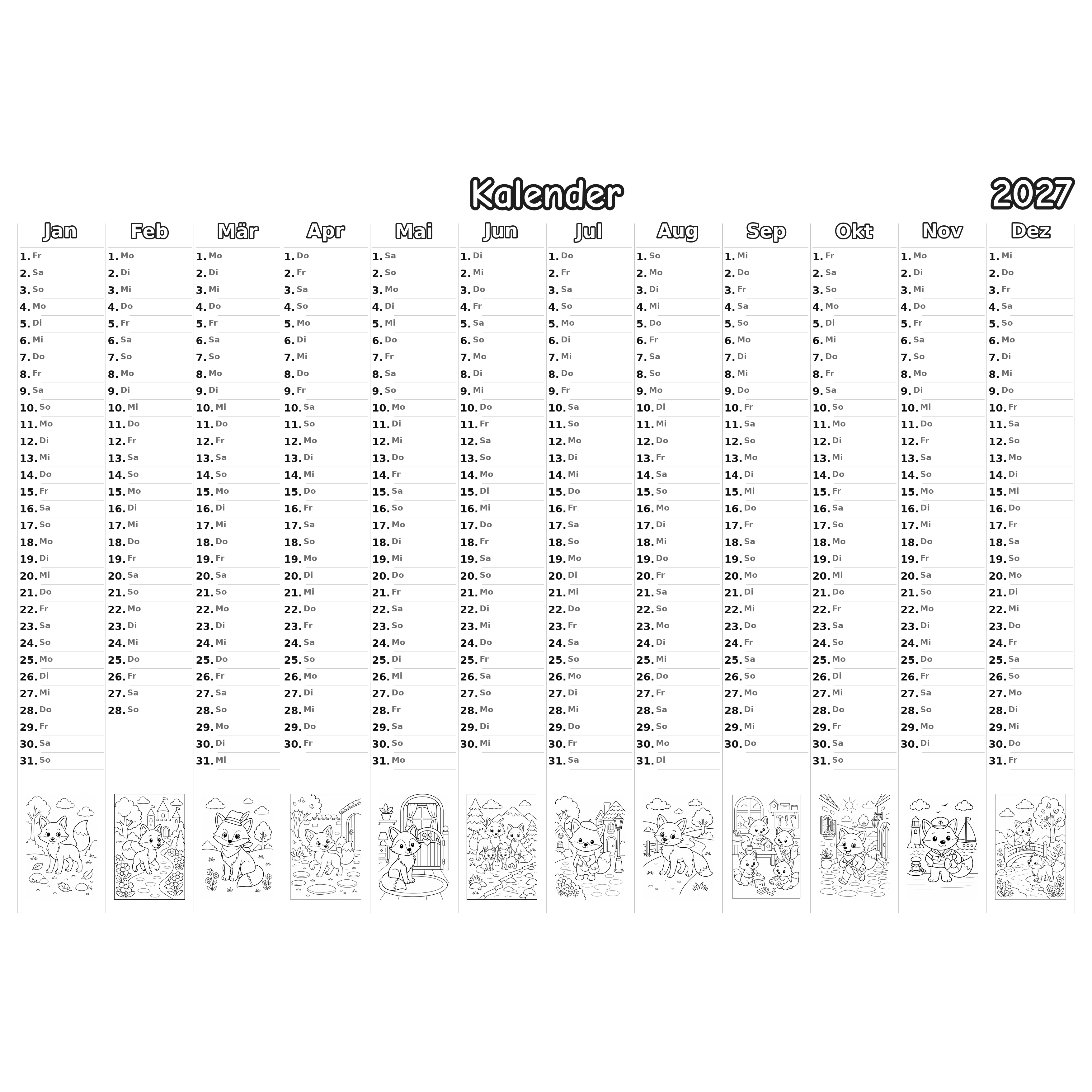 foxes_low Kalender 2027 Ausmalen