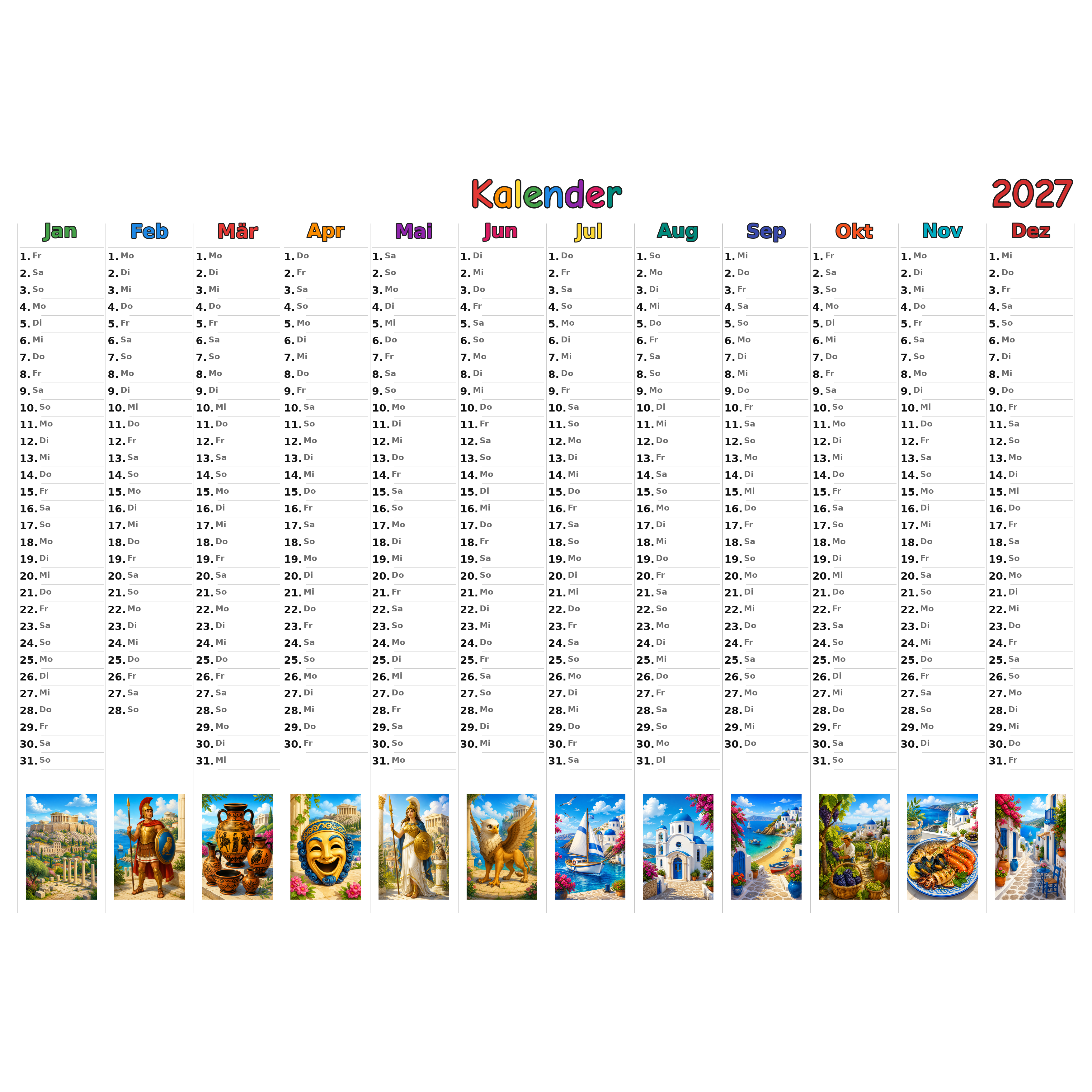 greece Kalender 2027 ausgemalt