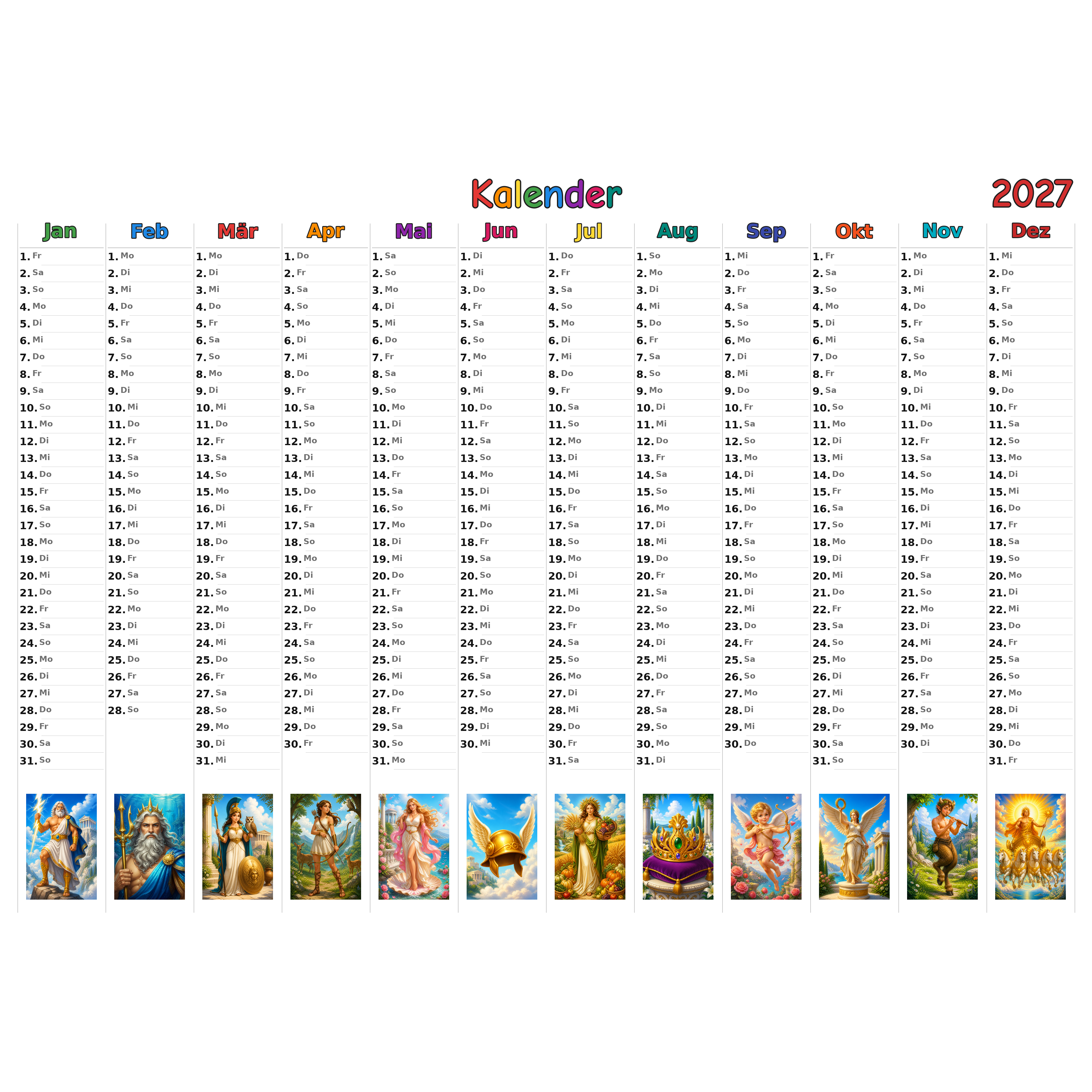 greekgods Kalender 2027 ausgemalt