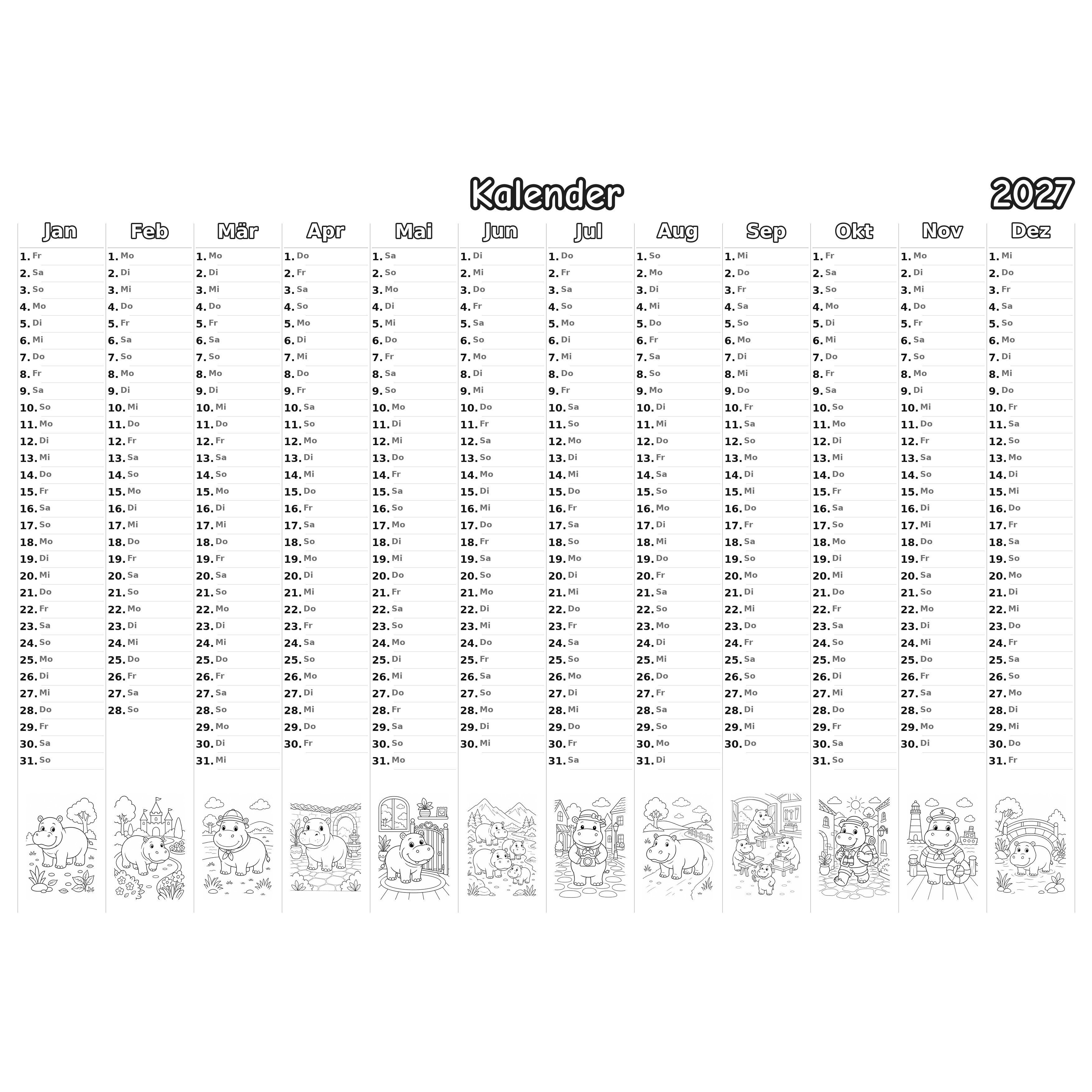 hippopotamuses_low Kalender 2027 Ausmalen