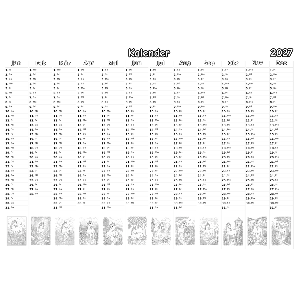 horses Kalender 2027 Ausmalen
