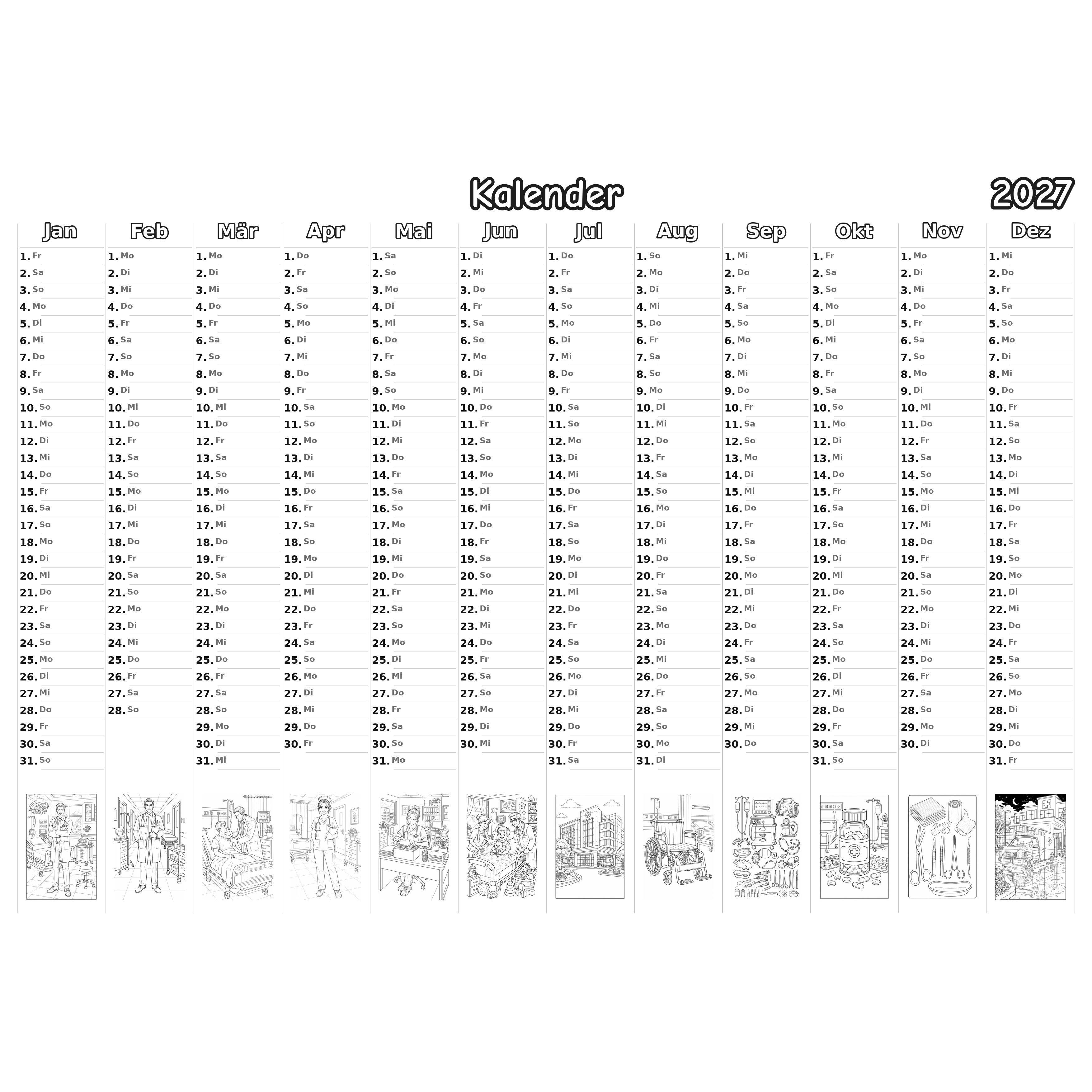 hospital Kalender 2027 Ausmalen
