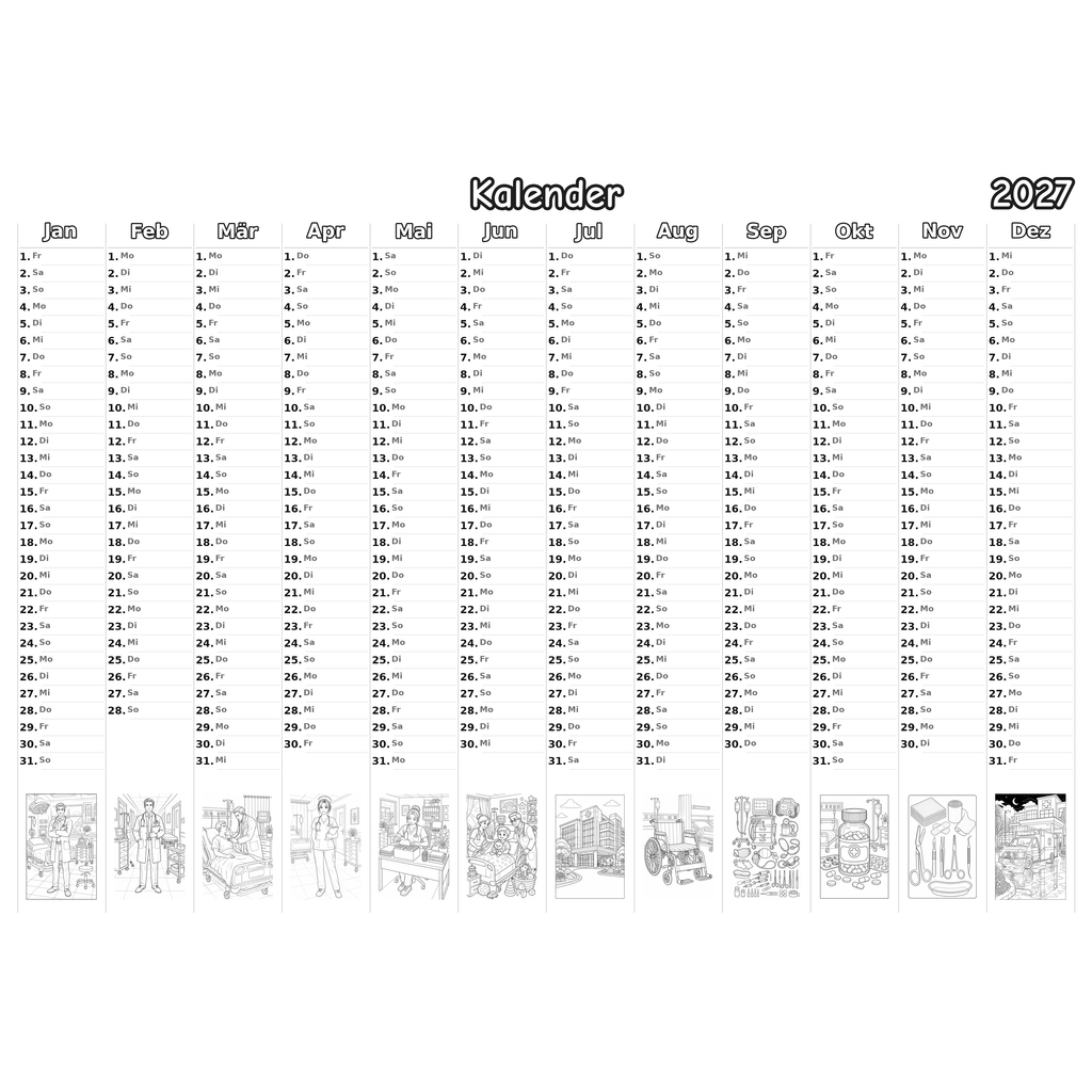 hospital Kalender 2027 Ausmalen