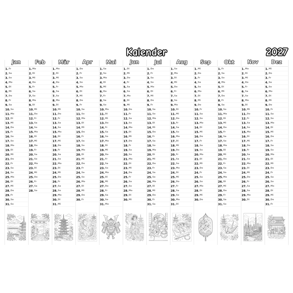 japan Kalender 2027 Ausmalen
