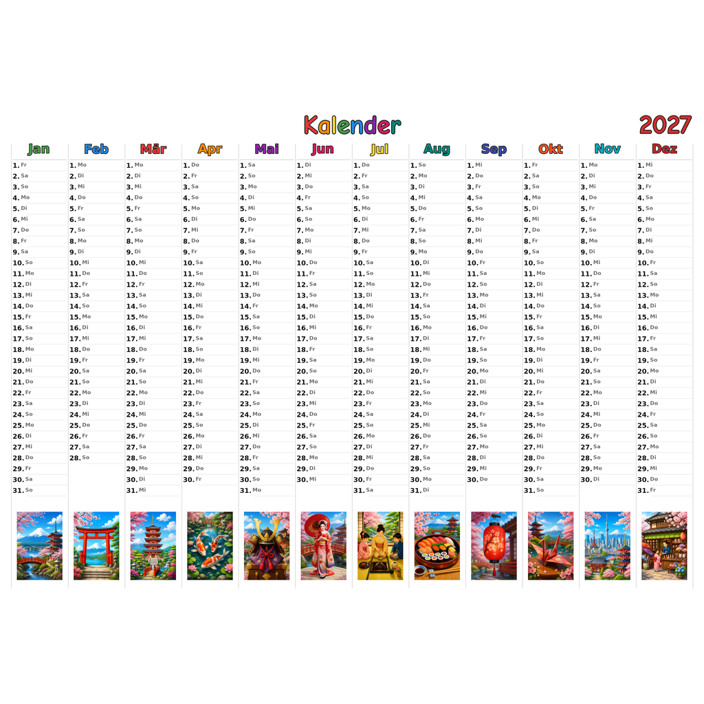 japan Kalender 2027 ausgemalt