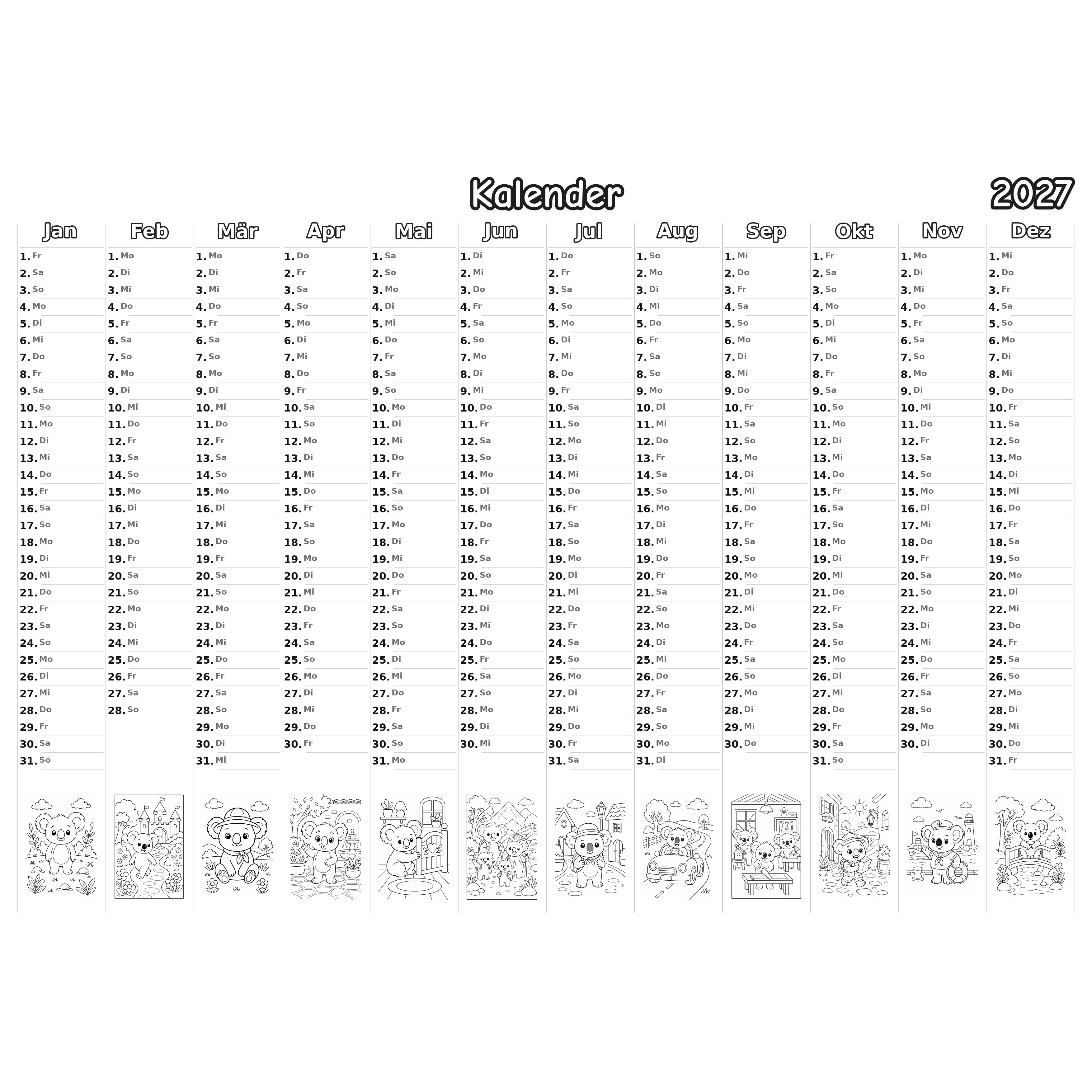 koalas_low Kalender 2027 Ausmalen