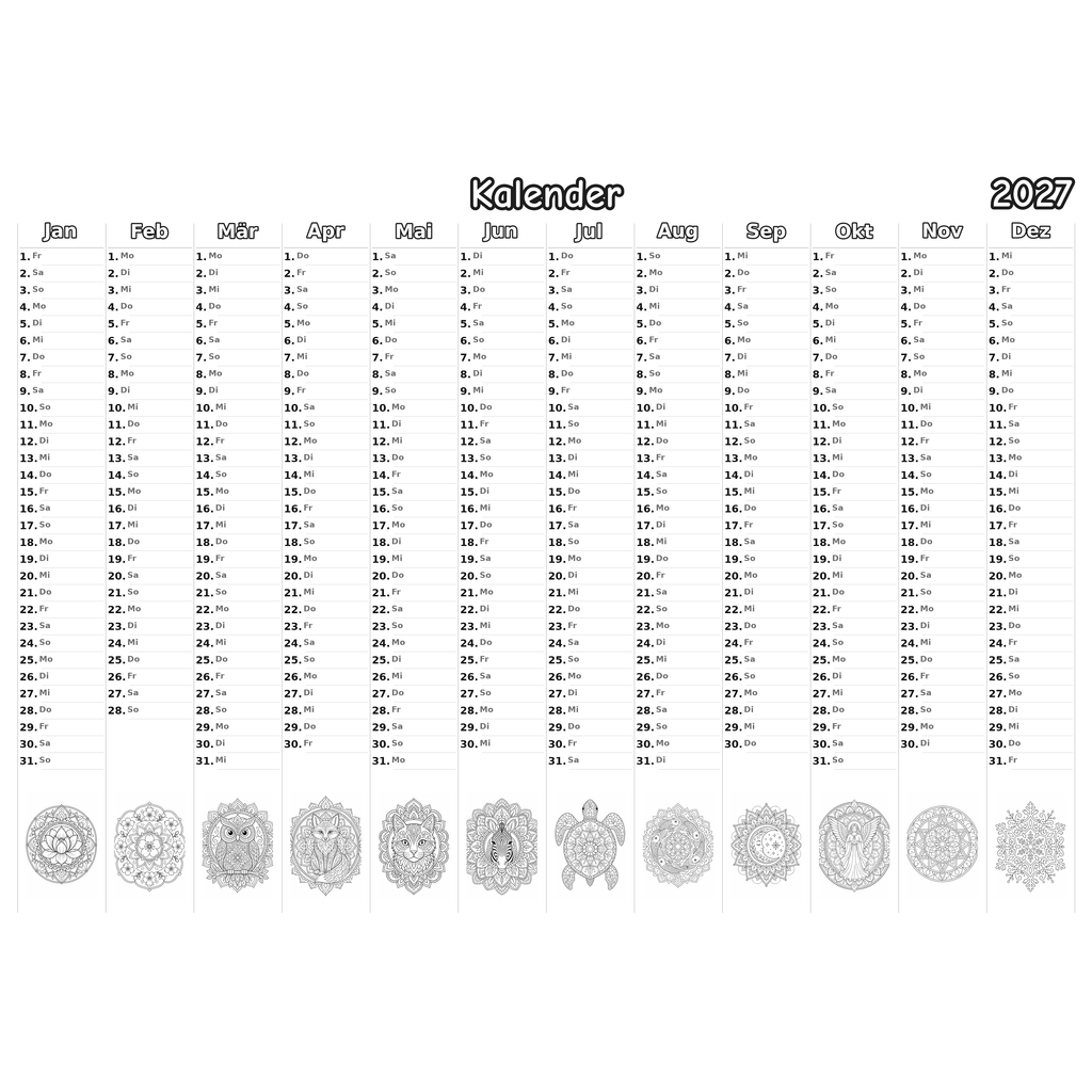 mandala Kalender 2027 Ausmalen