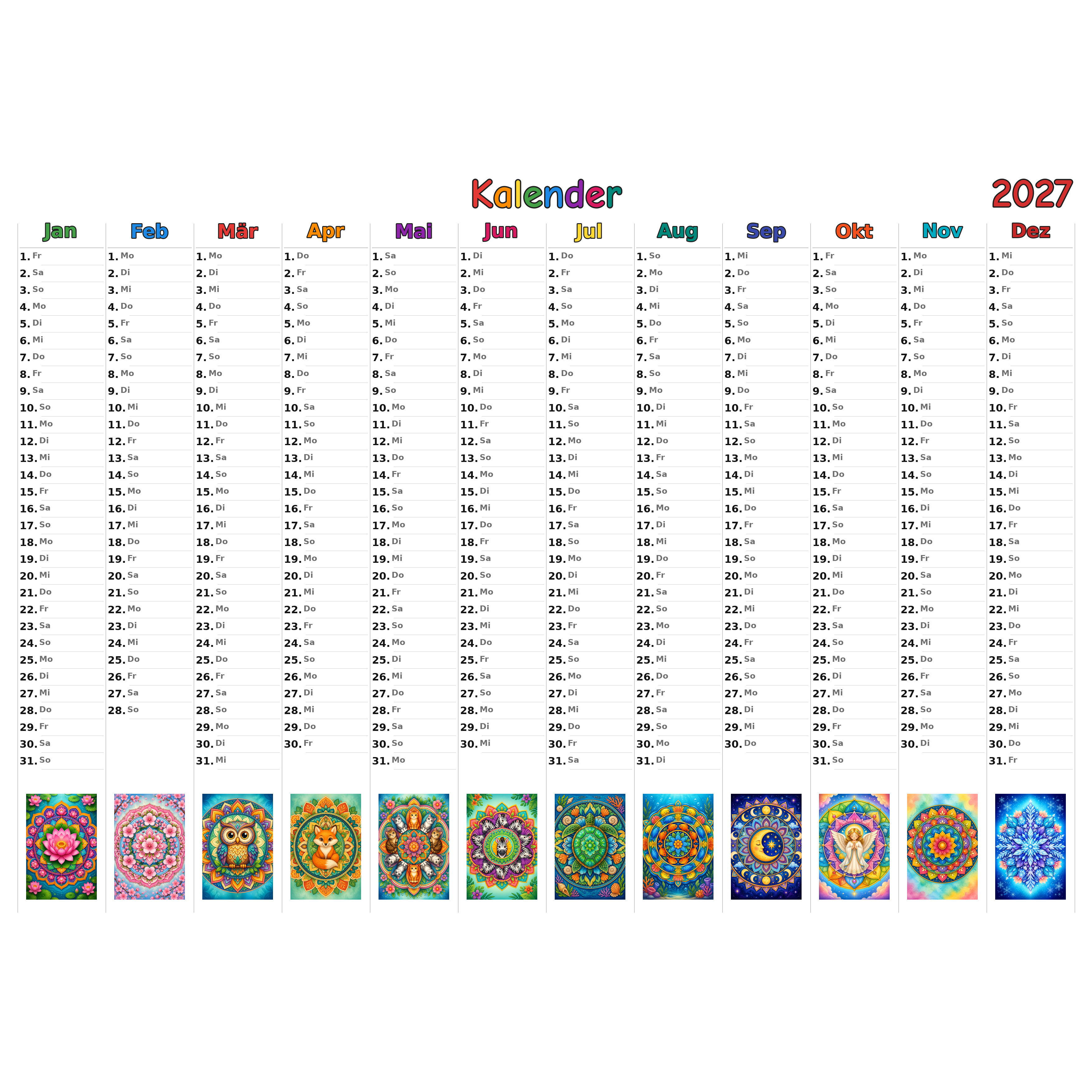 mandala Kalender 2027 ausgemalt
