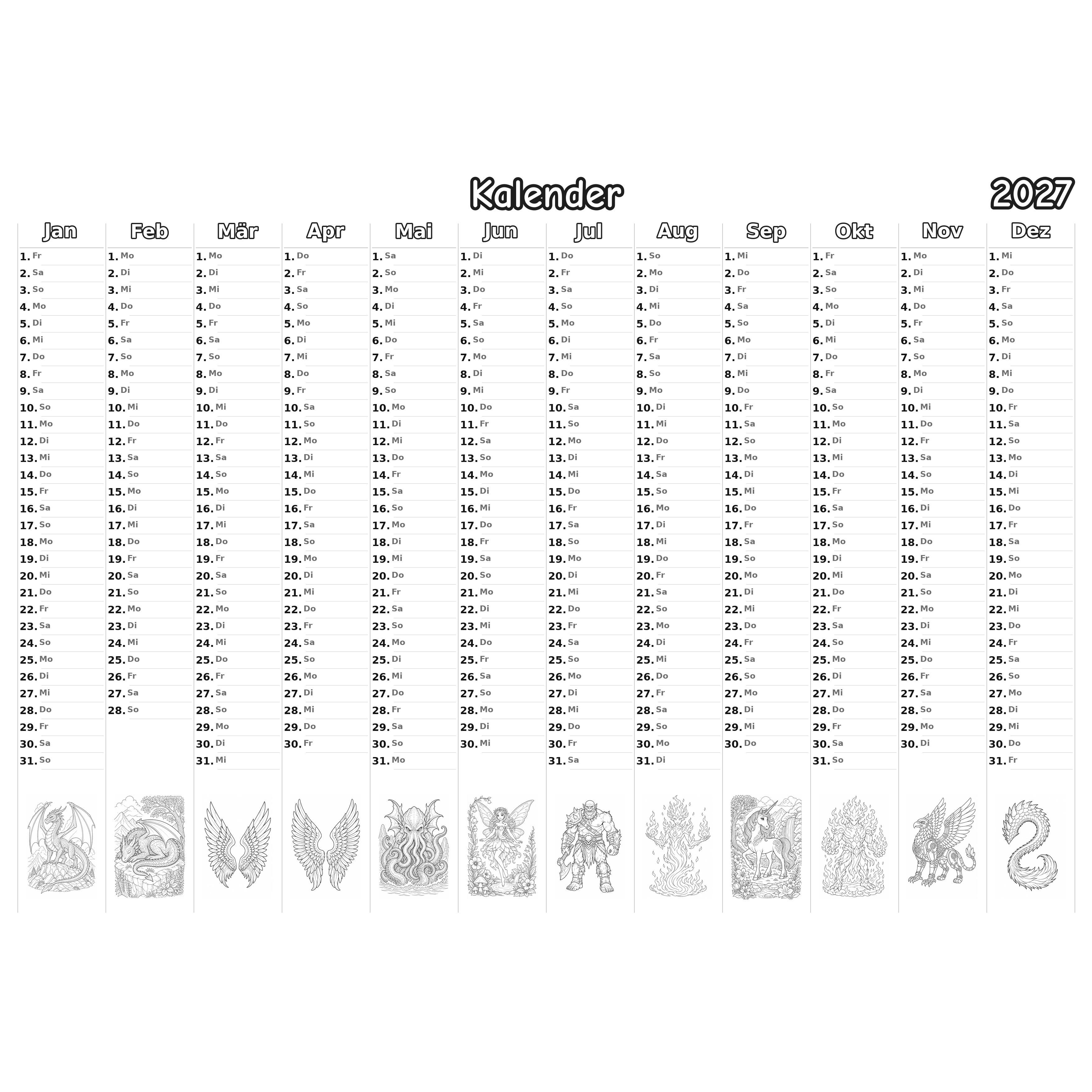 mythical Kalender 2027 Ausmalen