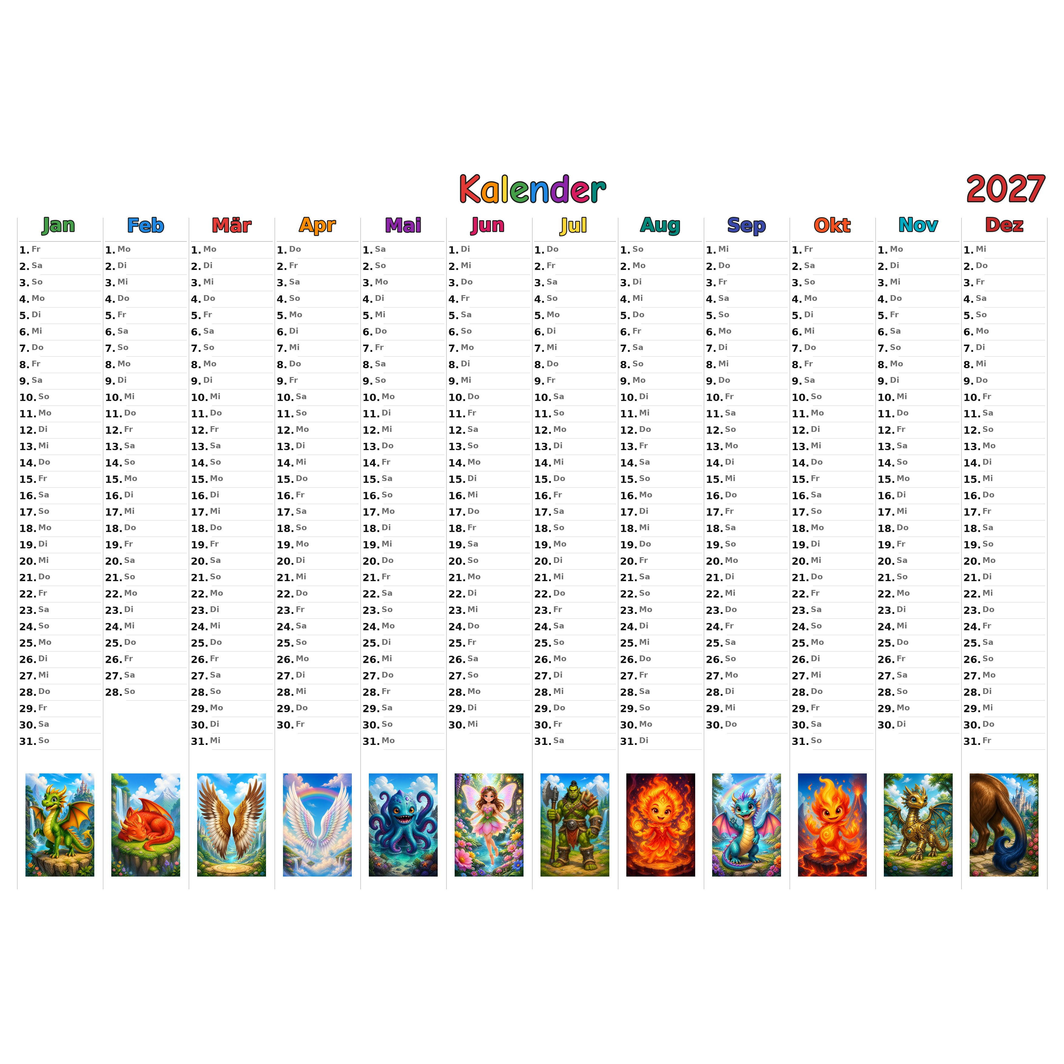 mythical Kalender 2027 ausgemalt