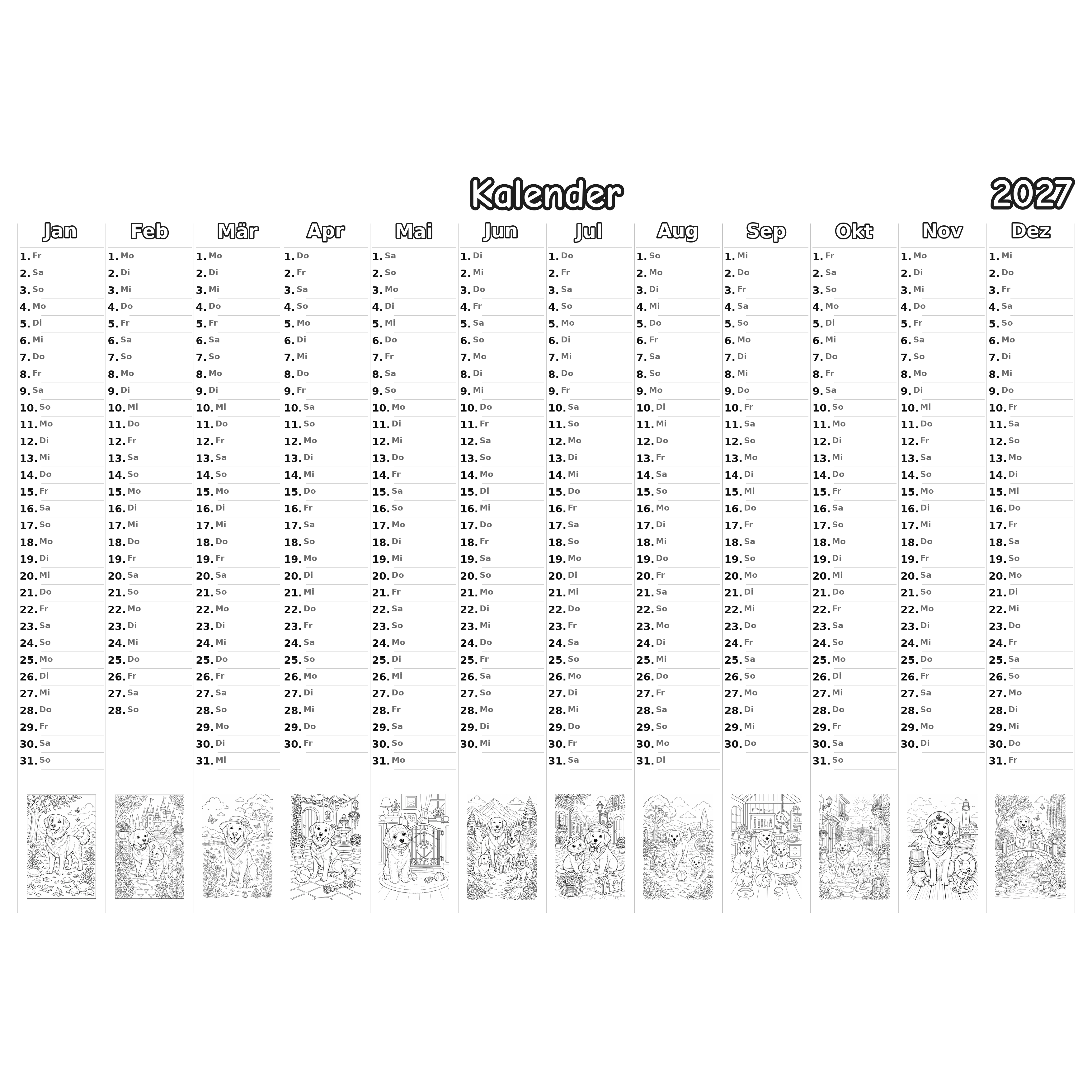 pets Kalender 2027 Ausmalen
