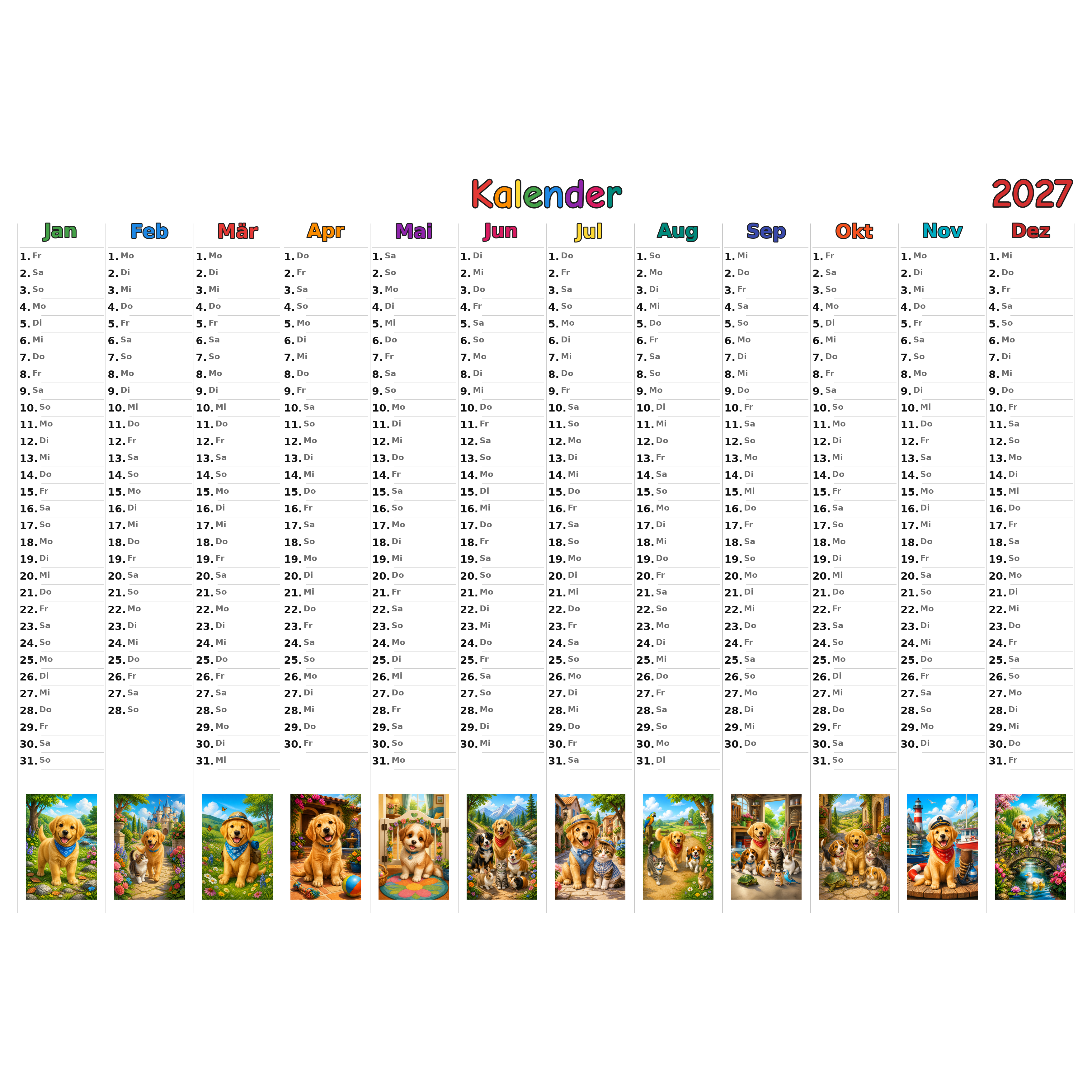 pets Kalender 2027 ausgemalt