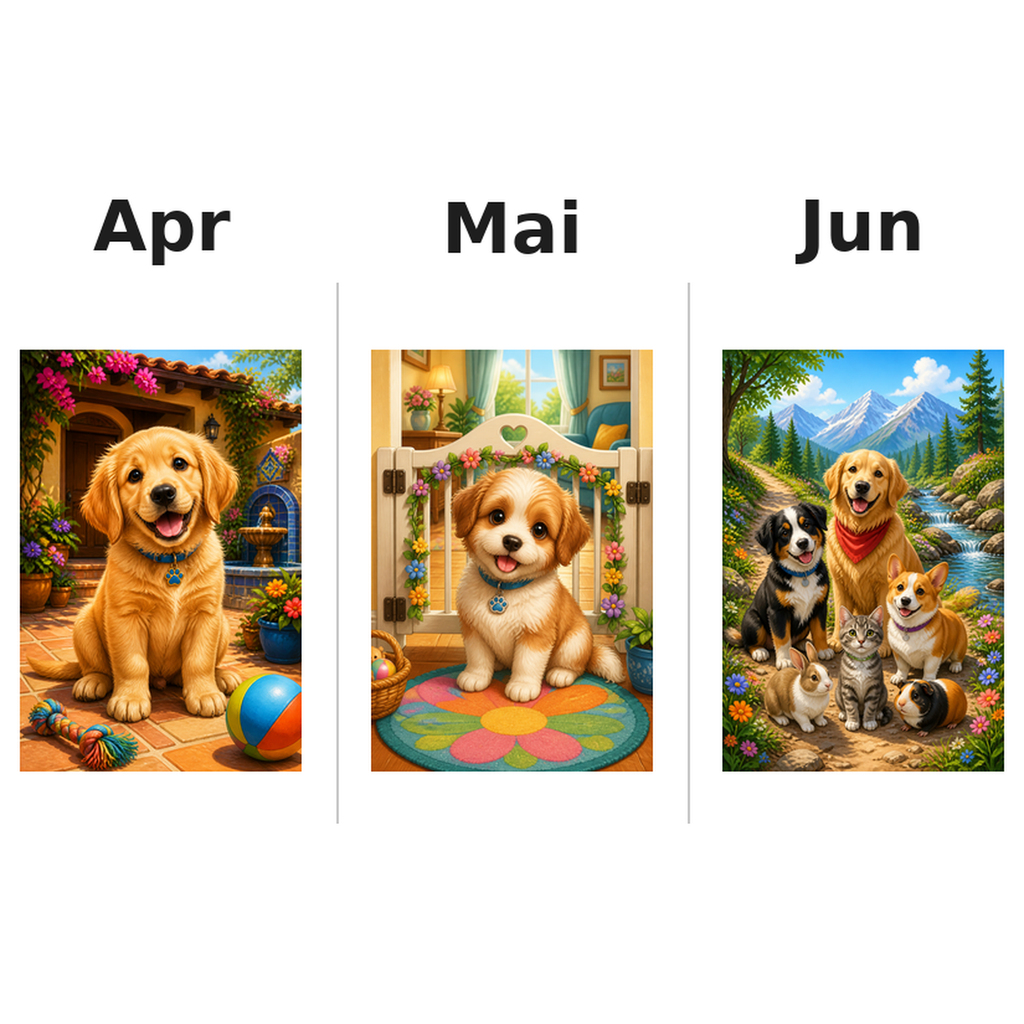 pets Kalender 2027 Motive ausgemalt 2