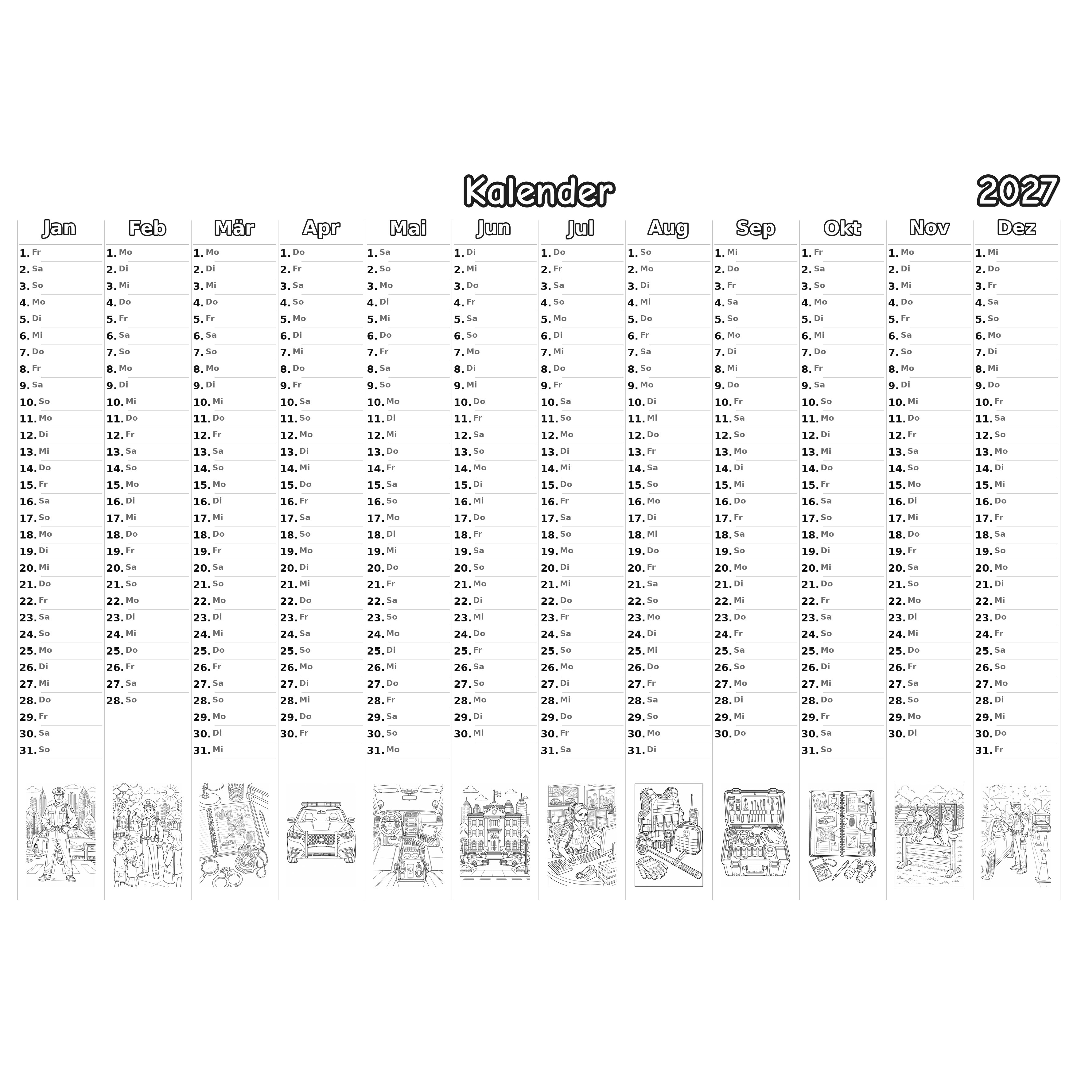 police Kalender 2027 Ausmalen