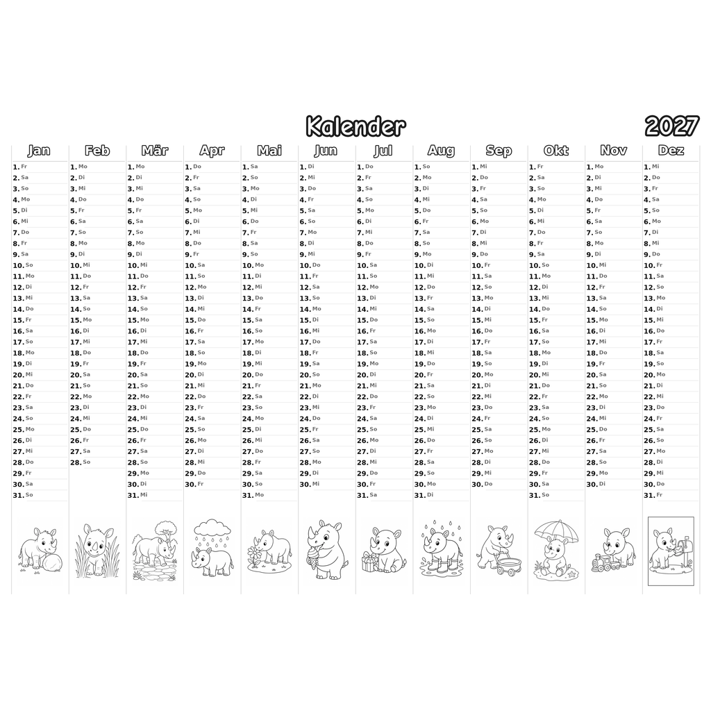 rhinos_low Kalender 2027 Ausmalen