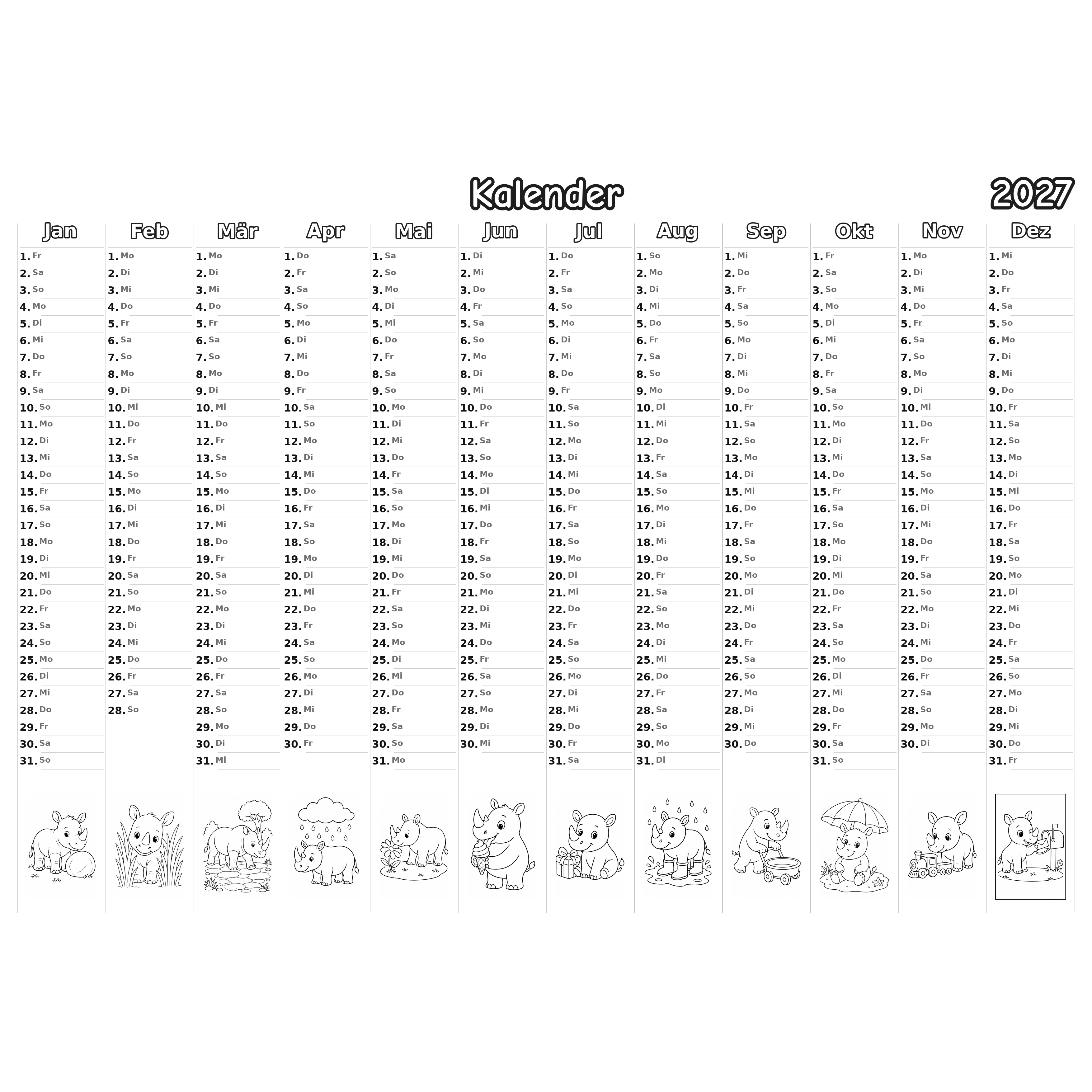 rhinos_low Kalender 2027 Ausmalen