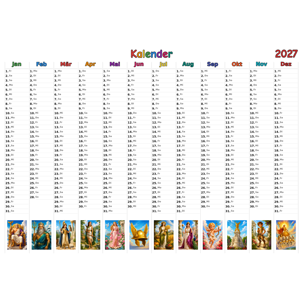 romangods Kalender 2027 ausgemalt