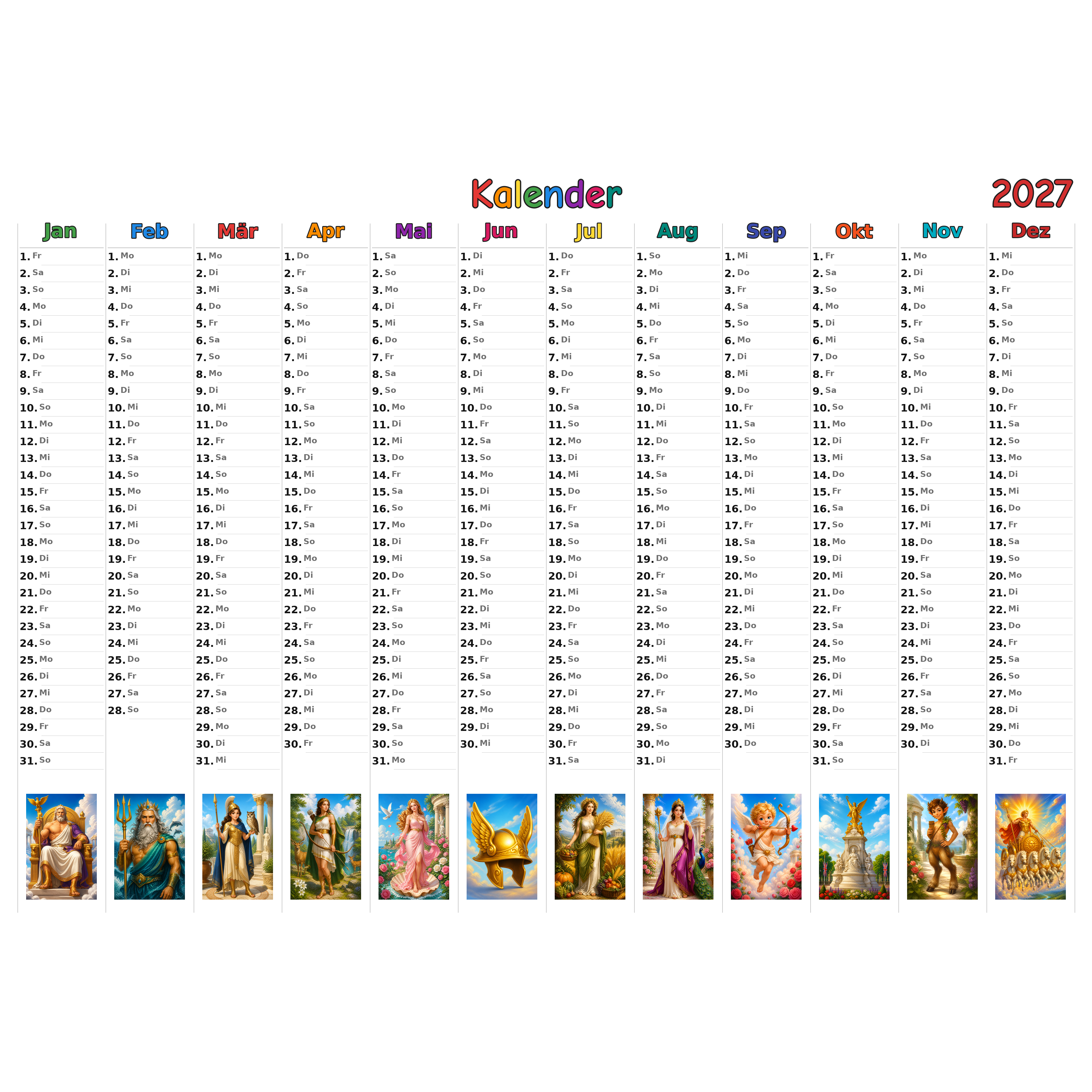 romangods Kalender 2027 ausgemalt
