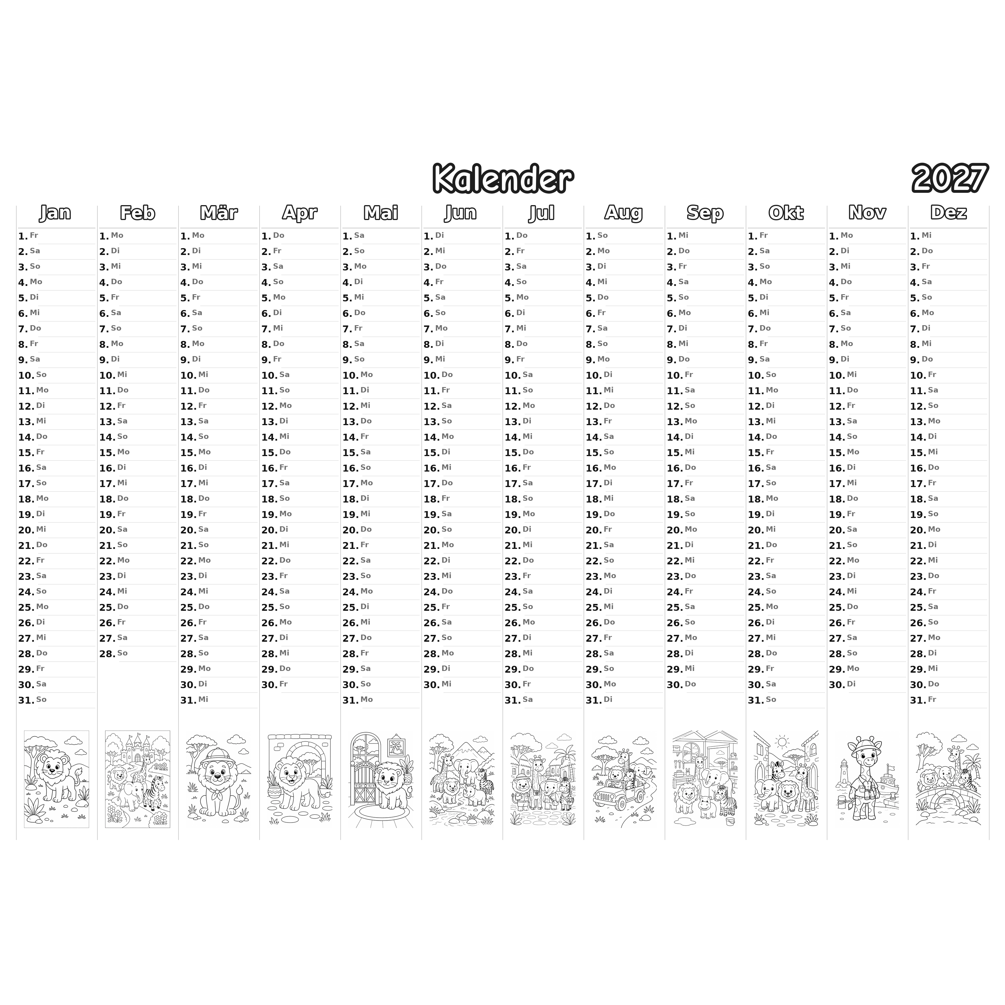 safari_animals Kalender 2027 Ausmalen