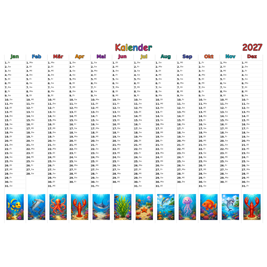 seaanimals Kalender 2027 ausgemalt