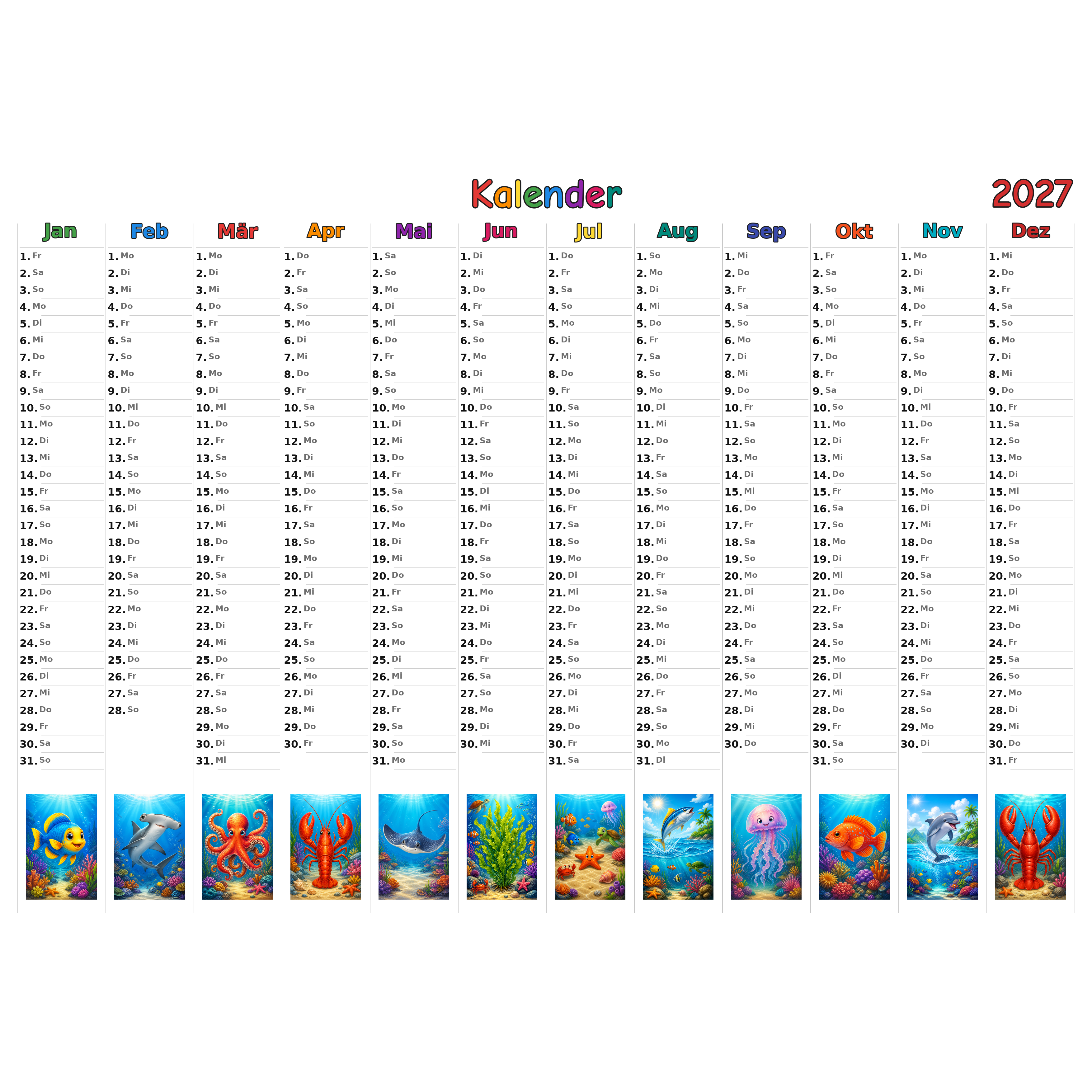 seaanimals Kalender 2027 ausgemalt
