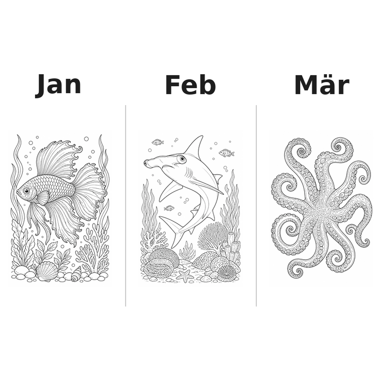 seaanimals Kalender 2027 Motive Ausmalen 1