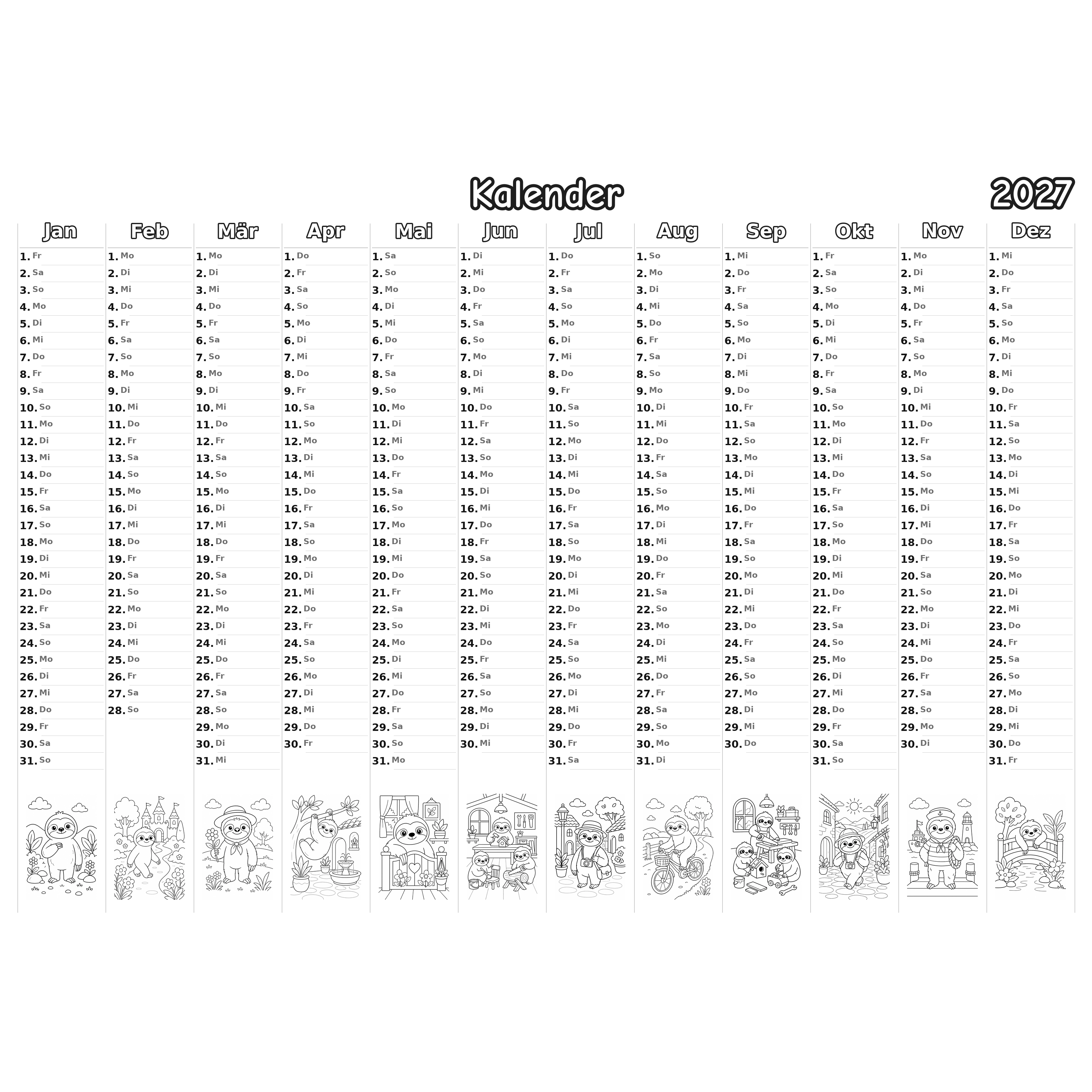 sloths_low Kalender 2027 Ausmalen