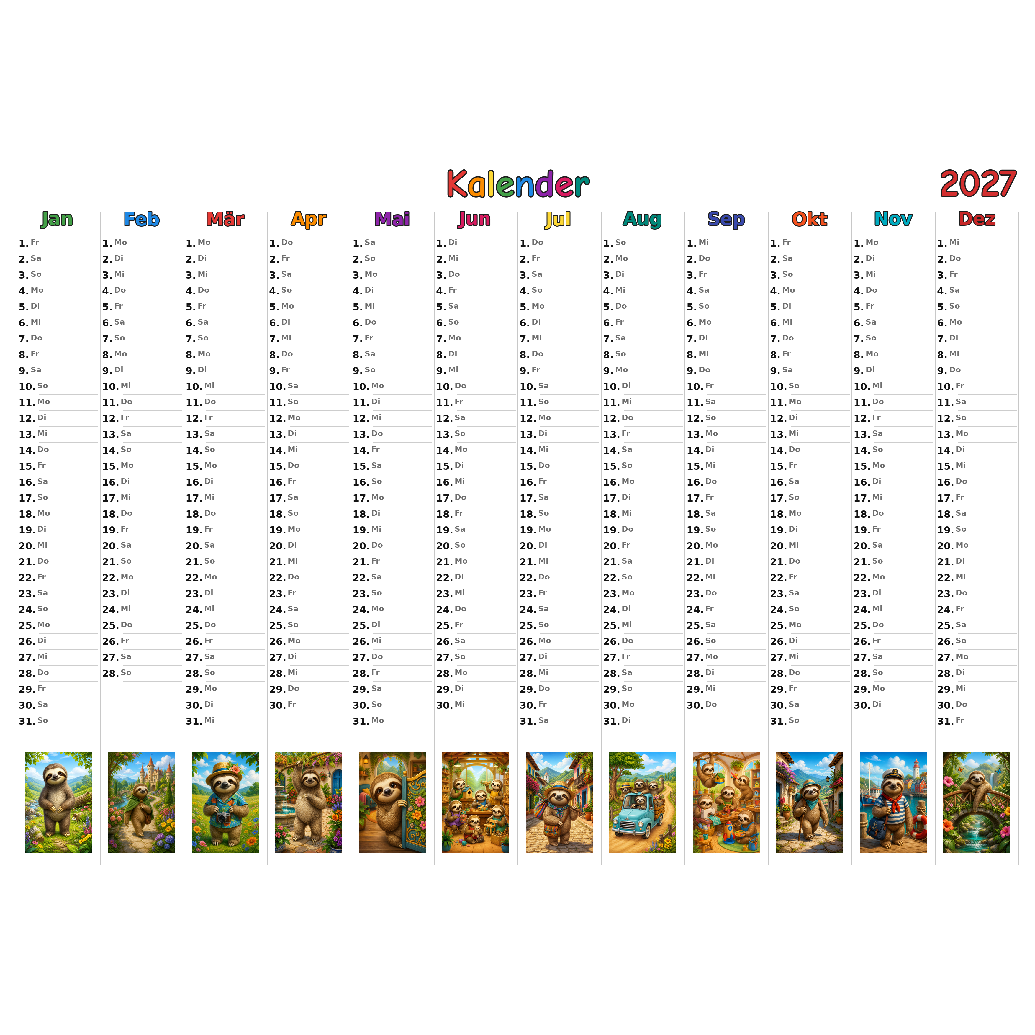 sloths_low Kalender 2027 ausgemalt
