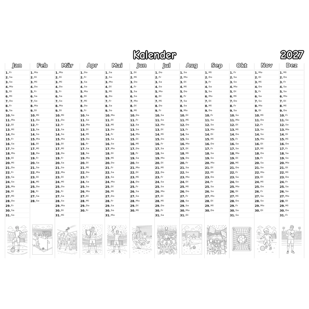 soccer Kalender 2027 Ausmalen